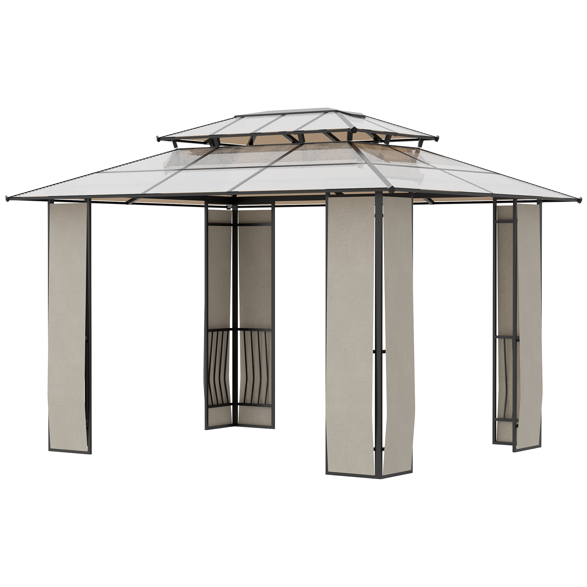Image of Outsunny Gazebo da Giardino 3.65x3m con Tetto in Policarbonato a 2 Livelli, Gazebo Esterno con Struttura Acciaio e Alluminio, Marrone Aosom006