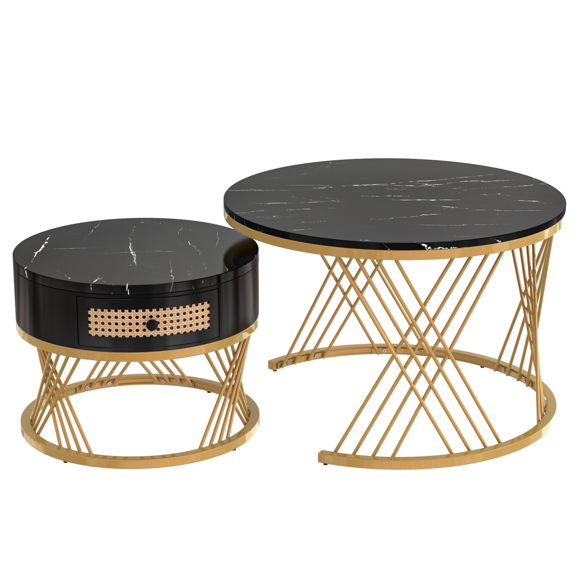 Lote de 2 mesas de centro nido redondas, tablero efecto mármol y cajones en ratán sintético, patas de metal, 70x70x45,5 cm + 50x50x38,5 cm, Negro