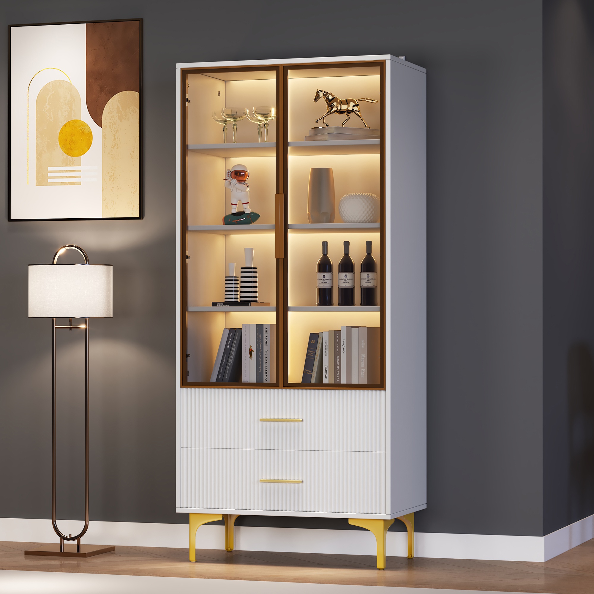 Vitrine en verre Meubles vitrine salon moderne avec 2 Portes, Pieds Dorés et Étagères Réglables, Éclairage LED Multicolore, 70x35x150 cm, Blanc