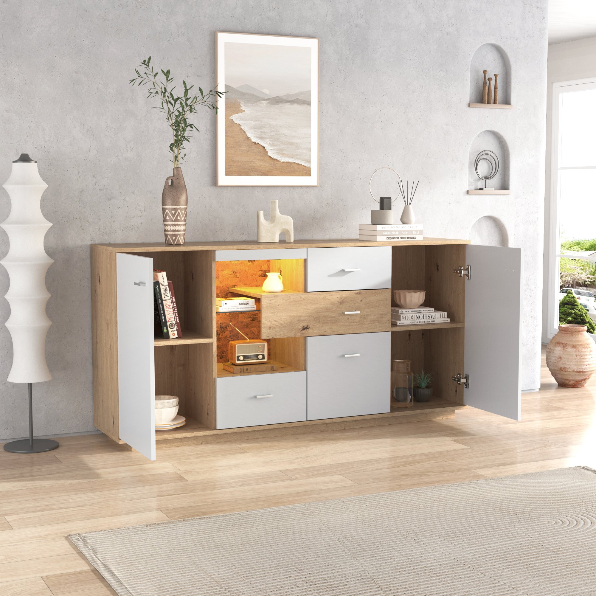 Sideboard weiß mit LED-Beleuchtung 160 cm Holzoptik und Weiß 2 Türen 4 Schubladen Glasablage Wohnzimmermöbel Aosom.de