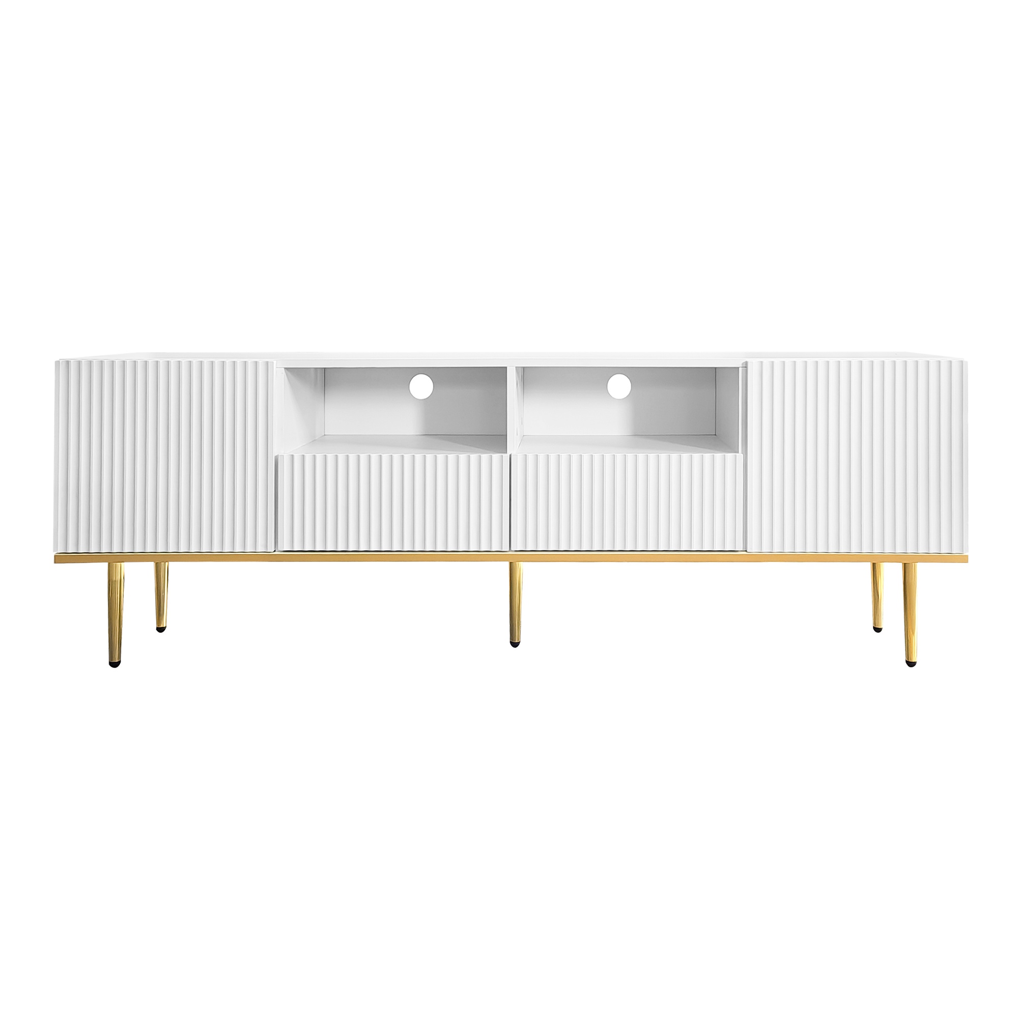 Mueble TV moderno con patas y bordes dorados, dos estantes y dos cajones, 165x36x55 cm, Blanco