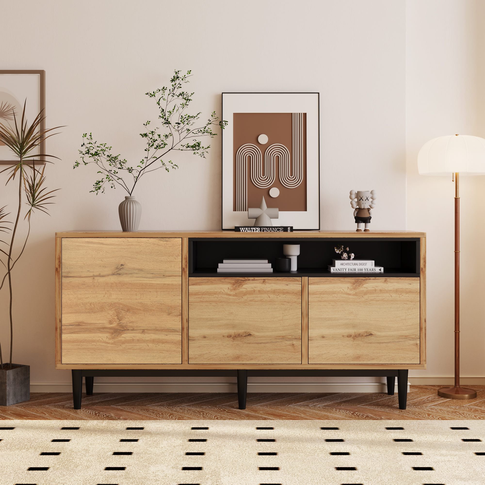 Modern houten dressoir met 3 deuren, zwart en houtkleur | Aosom Netherlands