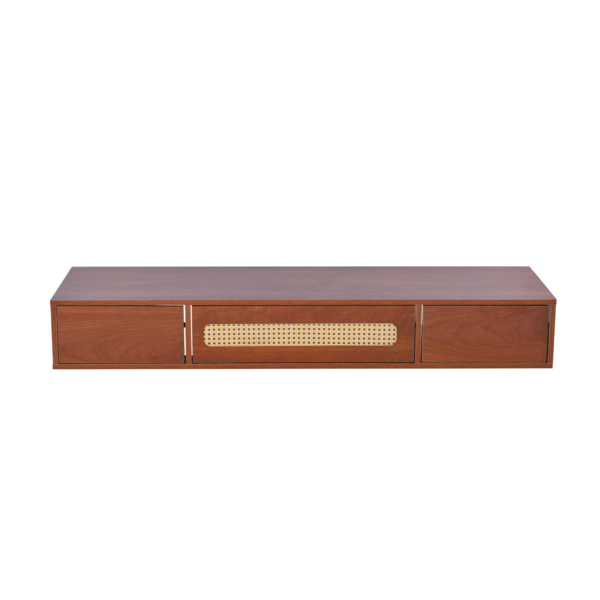 Meuble TV Rotin Et Noyer Foncé 180 Cm - Rangement Tiroirs Et Portes Coulissantes, Charge 30 Kg