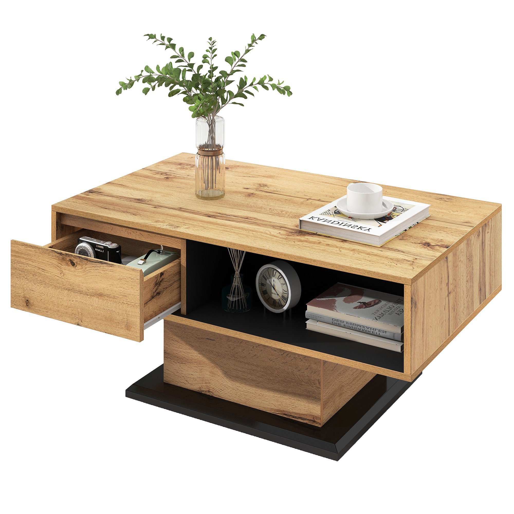 Couchtisch mit Holzmaserung, 100x60 cm, grifflose Schublade offener Bodenfach, Doppelseitiger Stauraum, Eiche Anthrazit Aosom.de