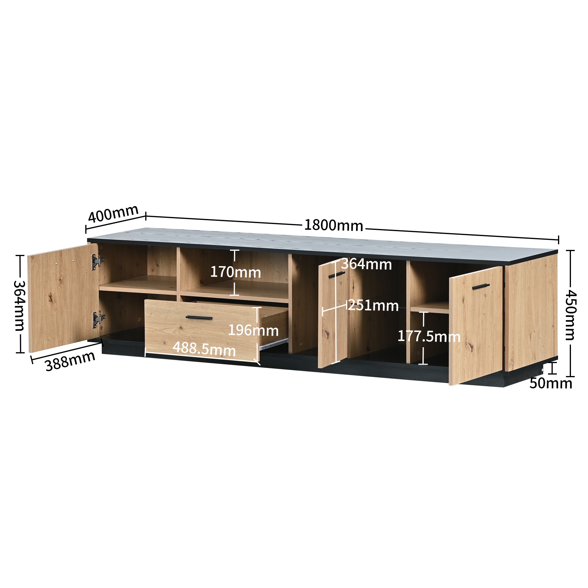 Meuble TV Design Scandinave Avec étagères Latérales - 233 Cm, Noir Effet Bois, 2 Portes, Rangement Optimisé