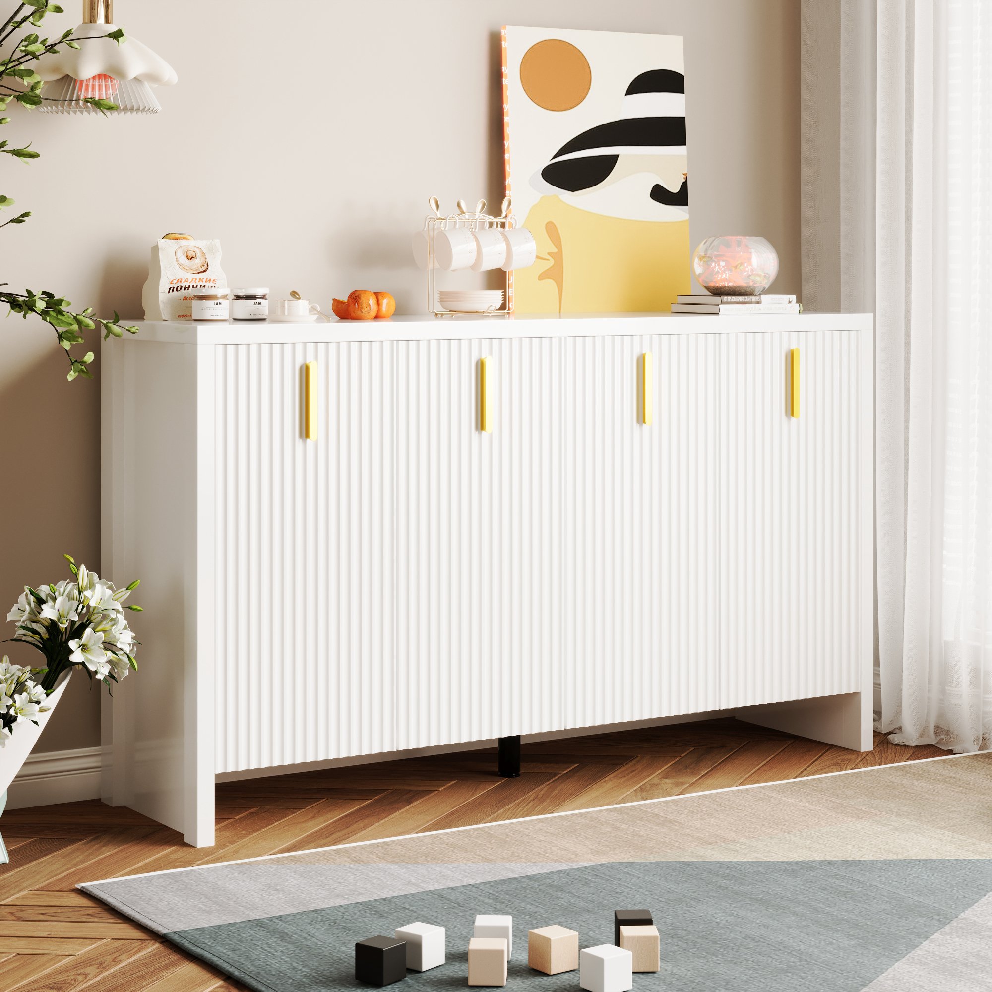 Sideboard Modernes Weiss mit Vergoldeten Griffen Verstellbar 140cm Verstellbaren Einlegeböden Flexibler Stauraum für Wohnzimmer Aosom.de