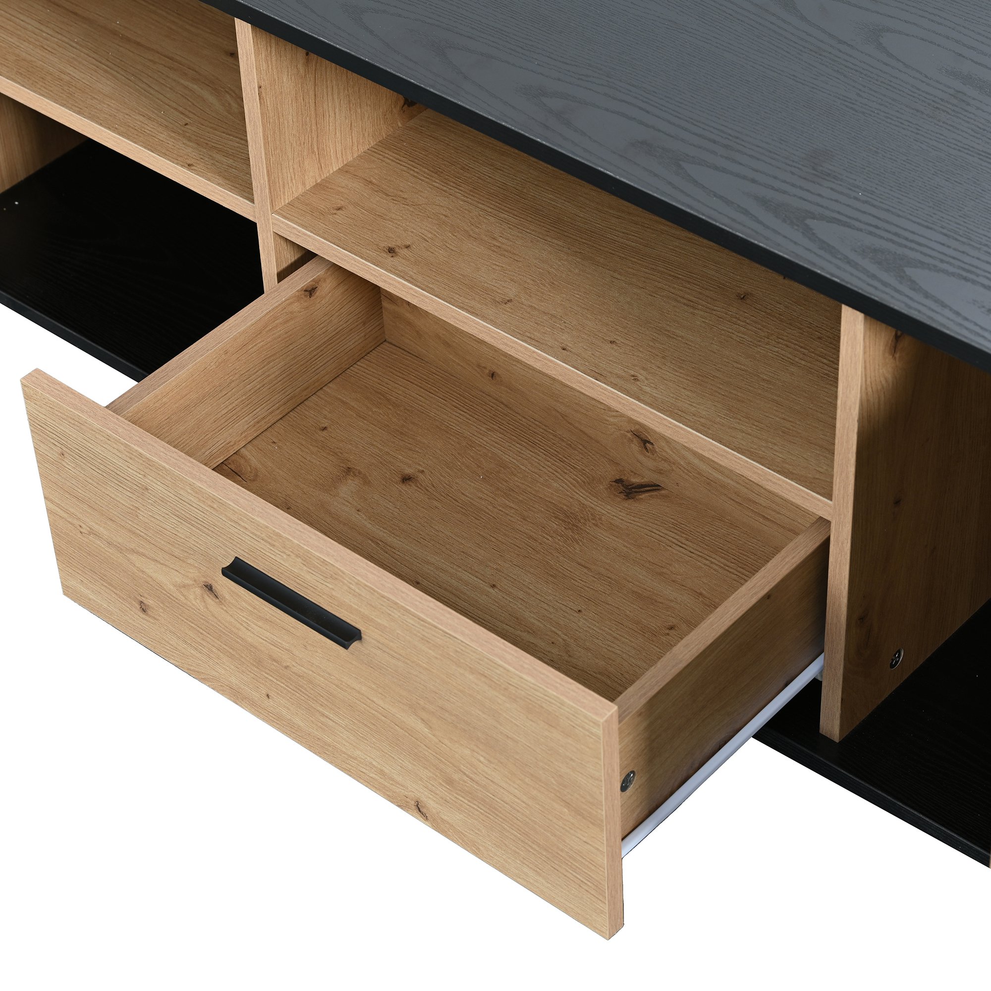 Meuble TV Scandinave Avec 2 Étagères Latérales & 2 Portes – 233 Cm Noir Effet Bois, Rangement Optimisé