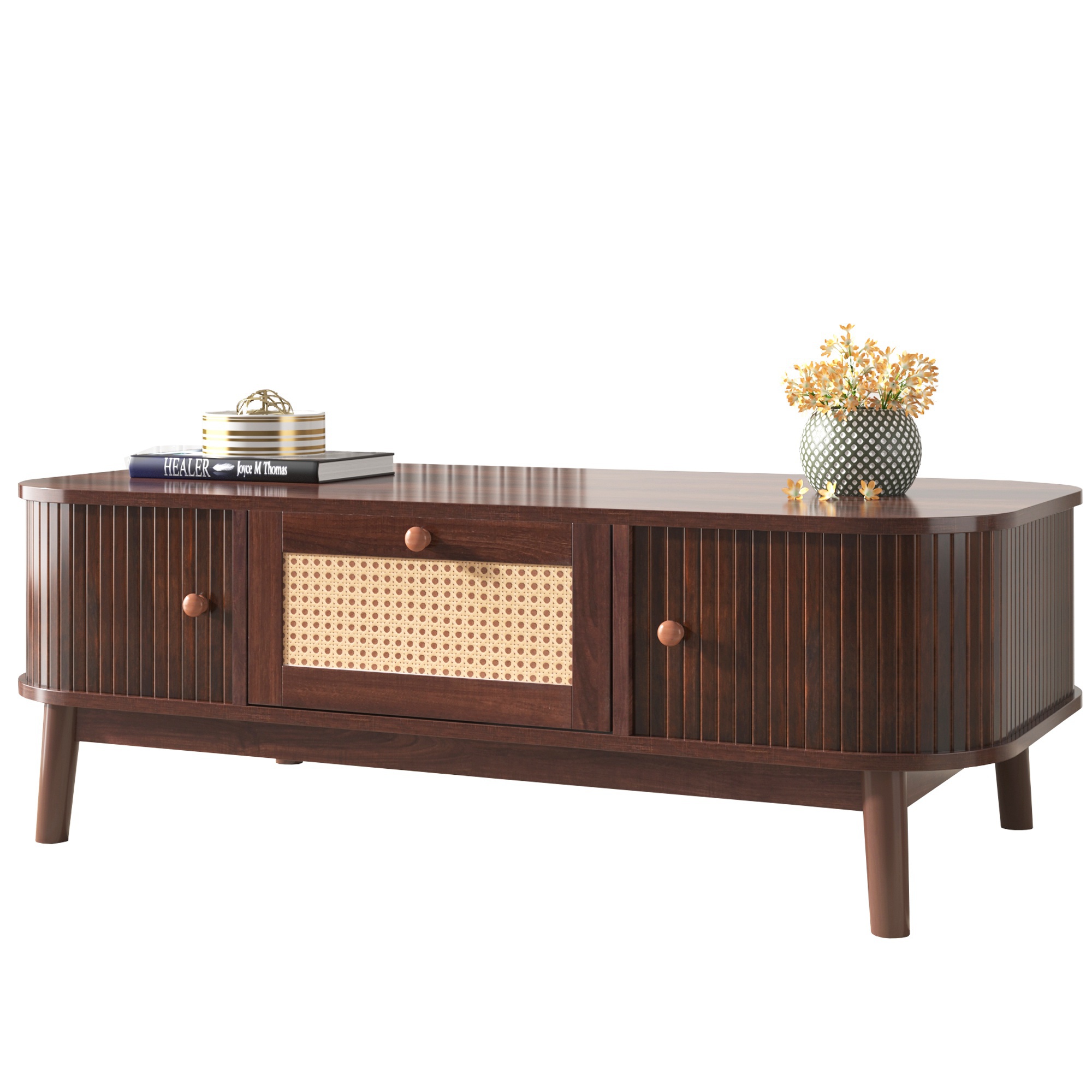 Couchtisch aus Rattan mit Massivholzbeinen, Schubladen und Schiebetüren im natürlichen Landhausstil, Holzfarbe und hellgelb