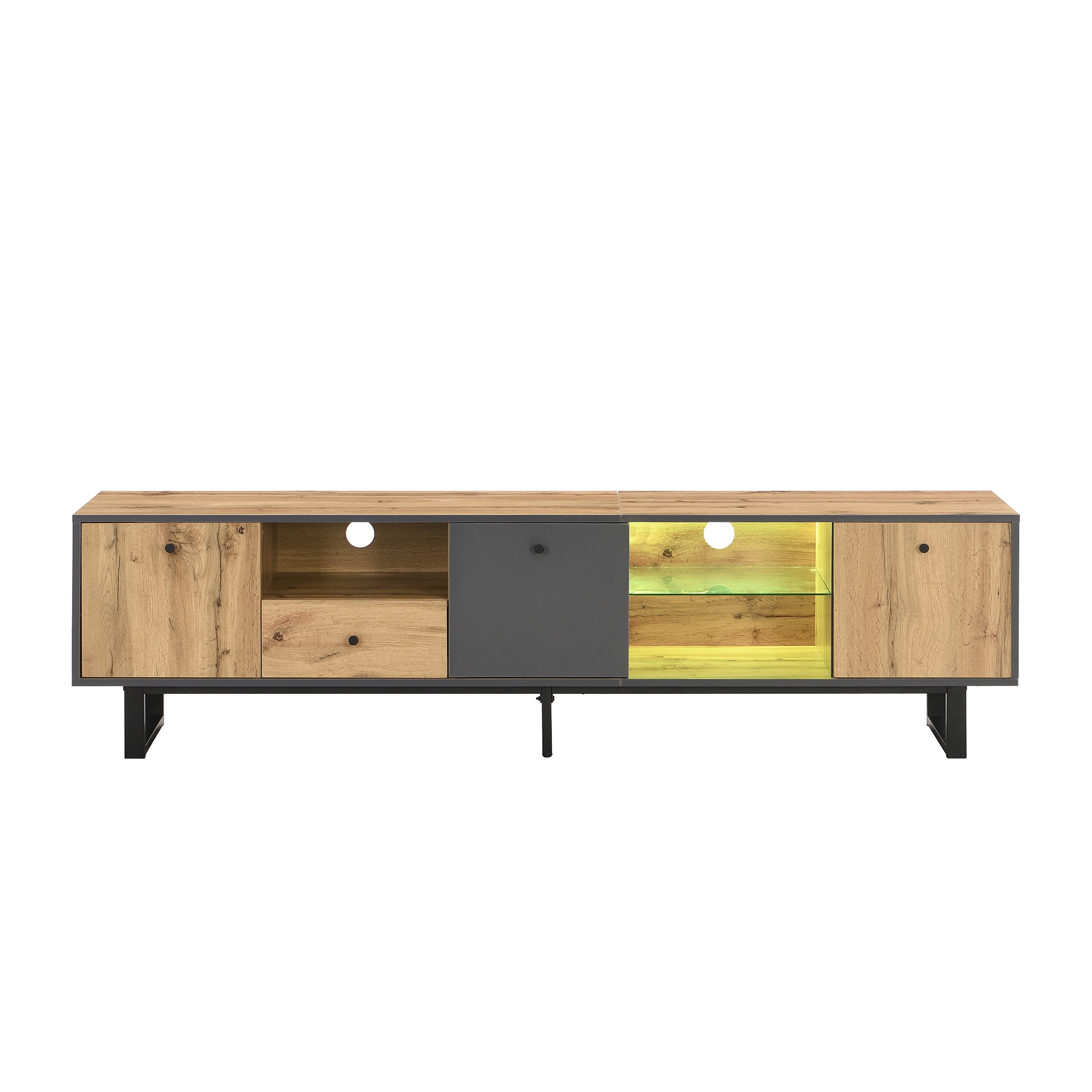 Meuble TV Bas pour Salon avec Effets Lumineux LED, Étagères en Verre et Charnières Amorties, 190x40x50 cm, Naturel
