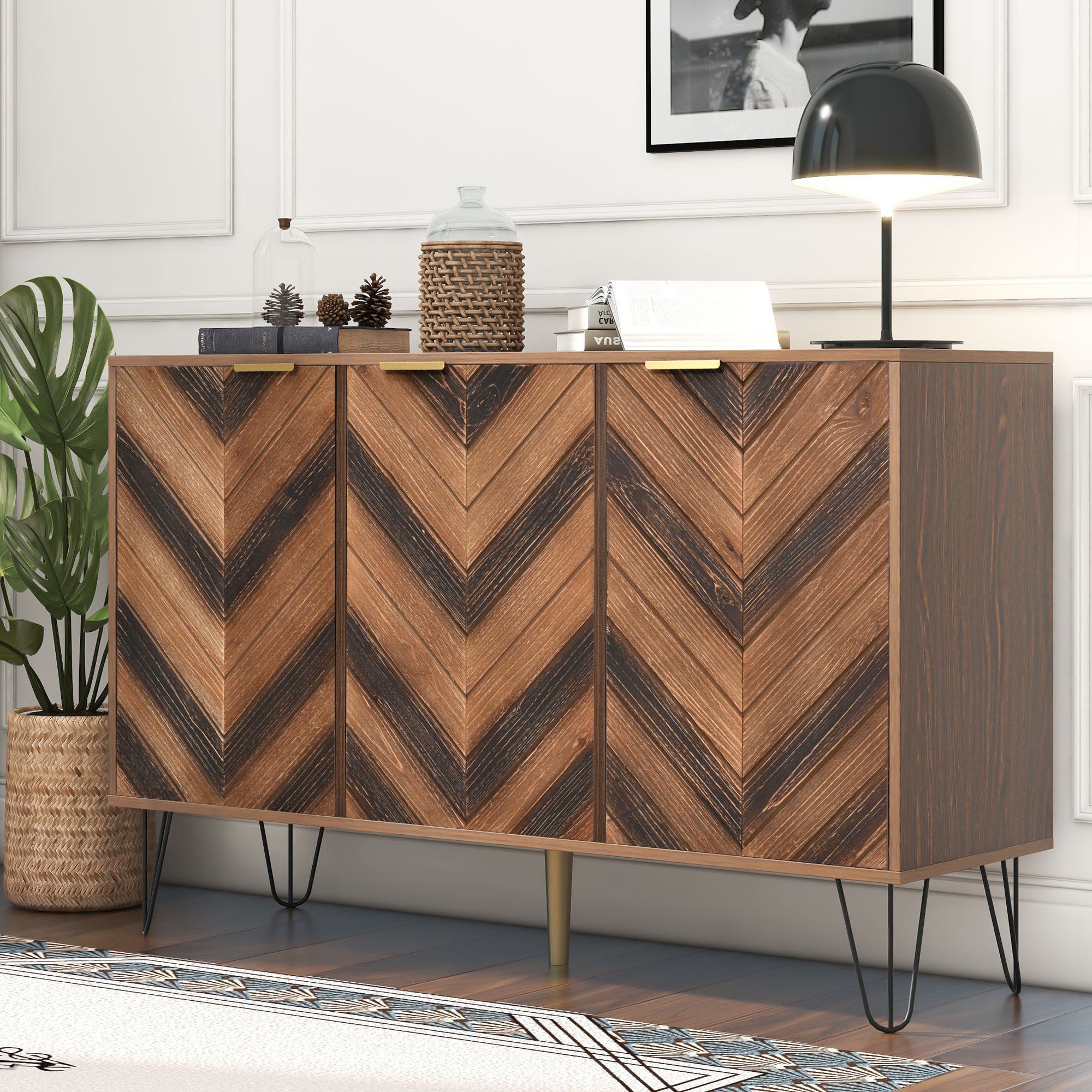 Anrichte 120x38x76,5 cm mit Massivholzfurnier und stabilen Eisenfüßen, Anrichte mit vergoldeten Griffen, Holzfarbe+Schwarz Aosom.de