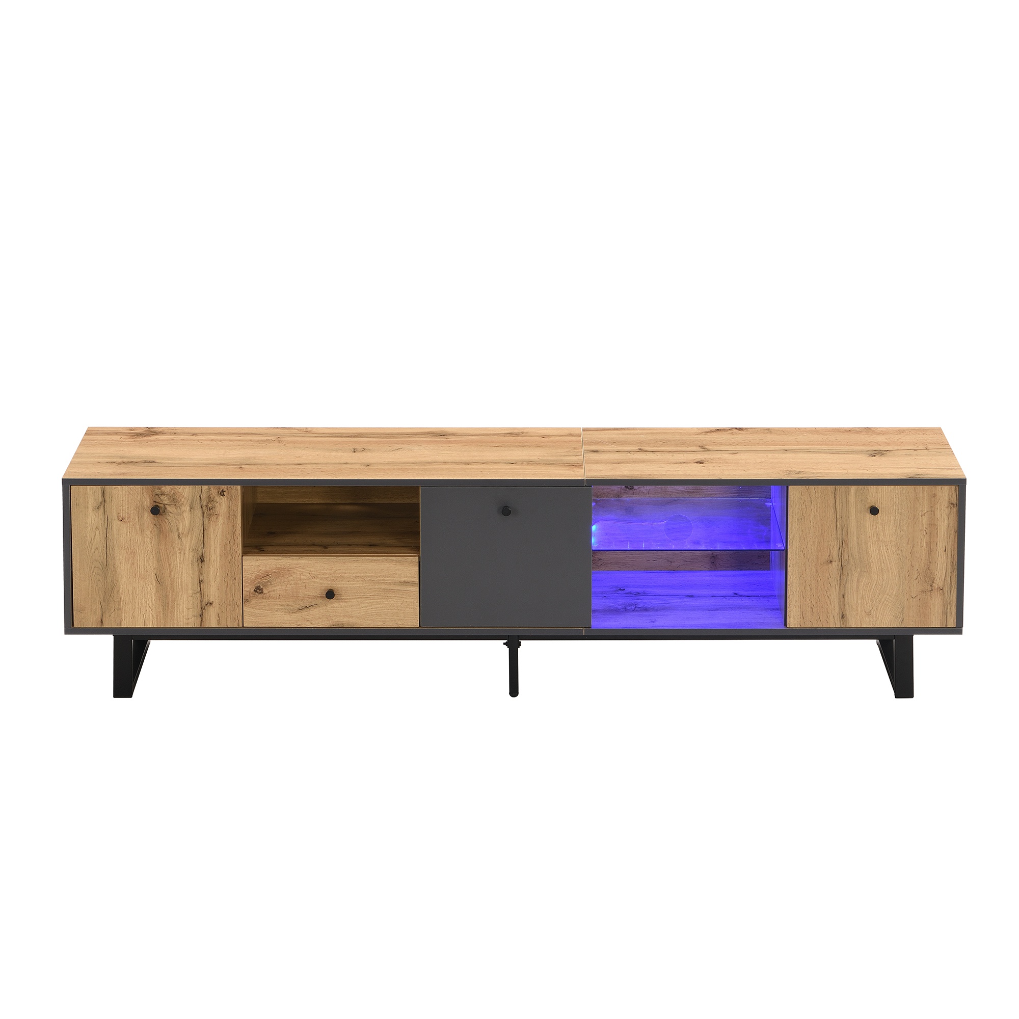 Mueble TV bajo para salón con efectos luminosos LED, estantes de cristal y bisagras amortiguadas, 190x40x50 cm, Natural