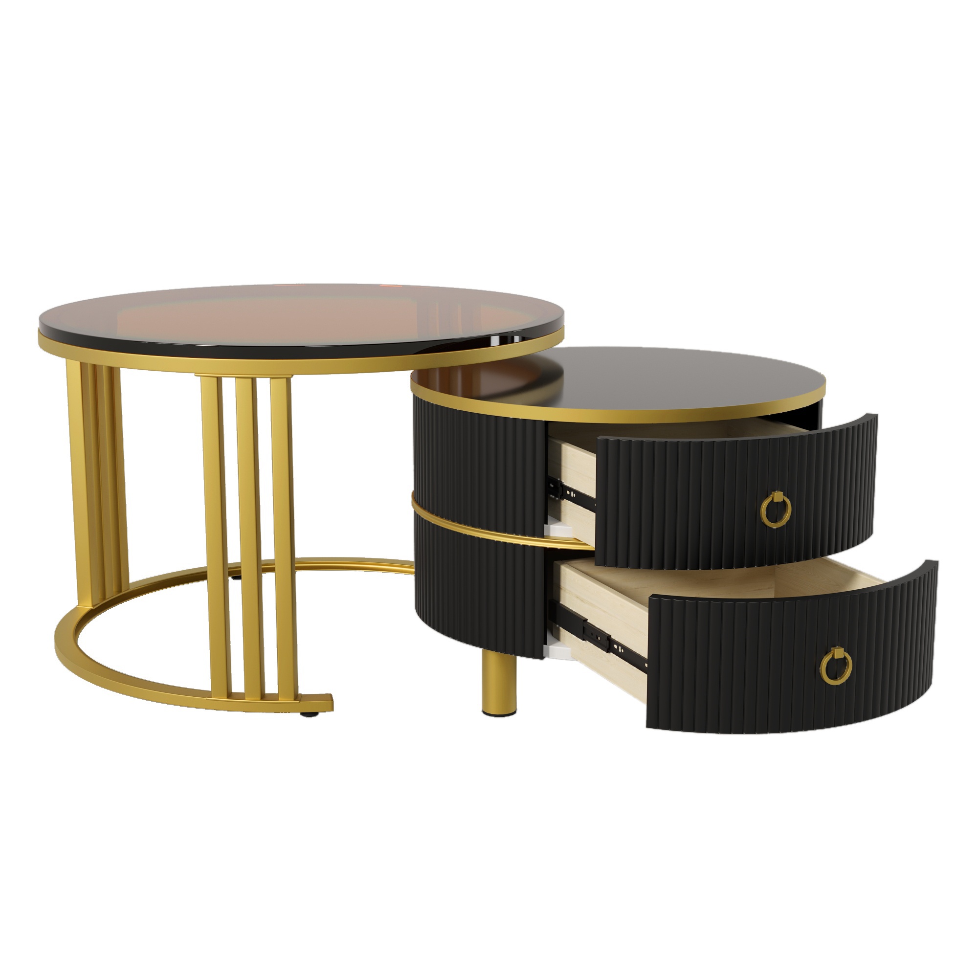 Couchtisch Set Moderner Couchtisch 70x70 mit 2 Schubladen Hochglanz Glasplatte MDF und Metallbeine Schwarz 2-in-1 Set stabil Aosom.de