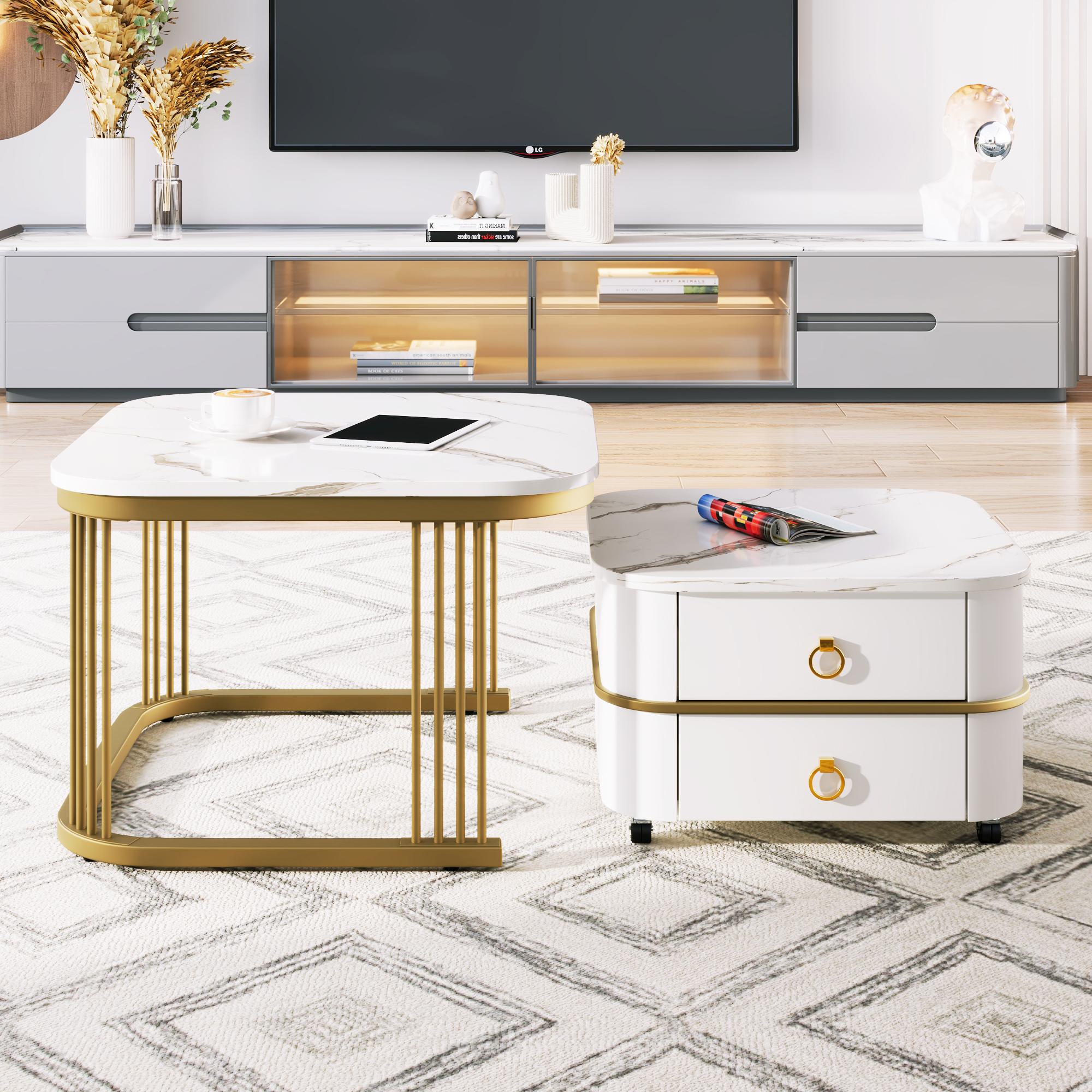 Set di Tavolini da Salotto Impilabili in Marmo Lucido con Accenti Dorati e Cassetti, 60x60x45 cm + 50x50x34 cm, Bianco