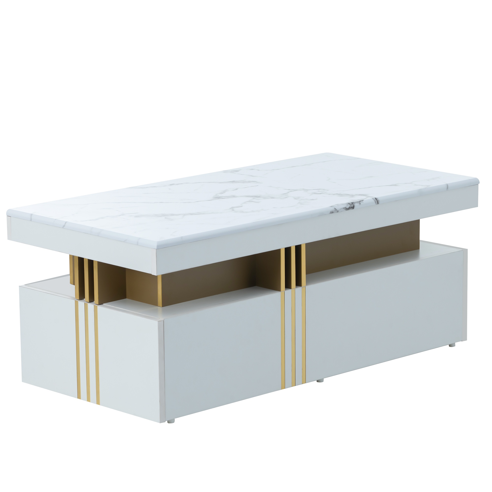 Măsuță de Cafea Modernă Dreptunghiulară cu Blat din PVC Efect Marmură și 2 Sertare din Lemn, 100x50x40 cm, Albă