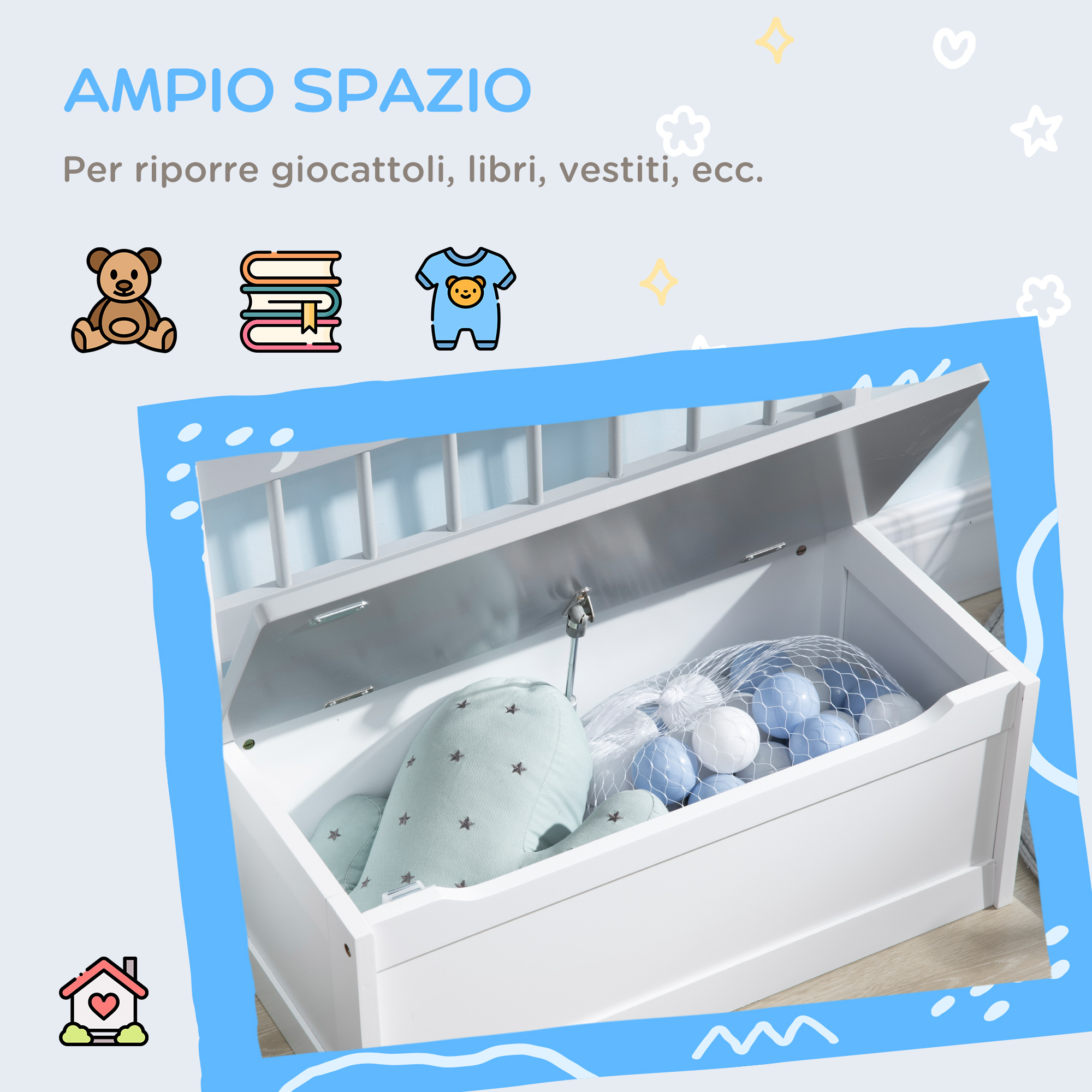 Cassapanca Per Bambini 2 In 1 ZONEKIZ Con Leva Gas, Contenitore Giocattoli E Panca, 60x30x50 Cm Bianco E Grigio