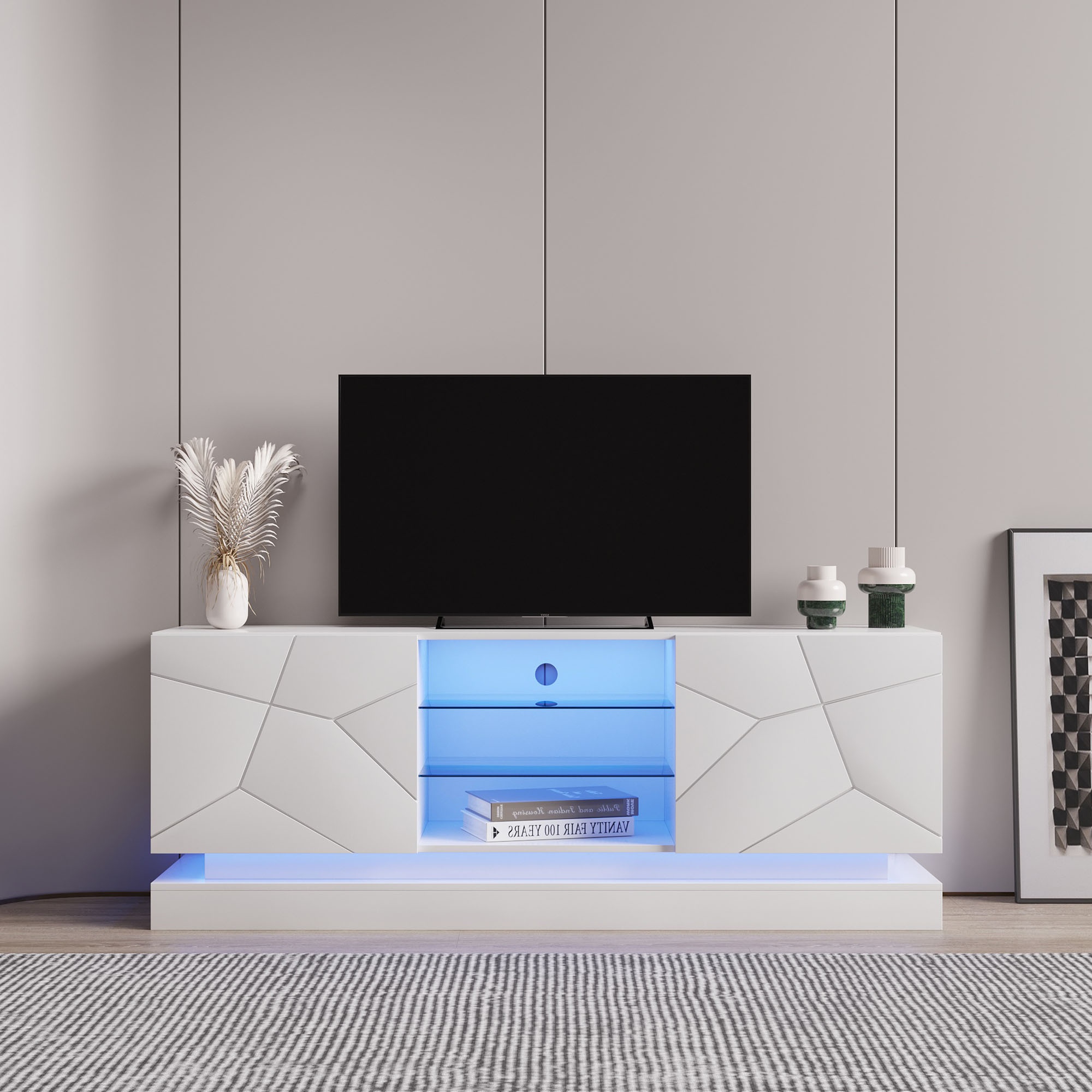 Modern lowboard met verstelbare glazen plank, wit | Aosom Netherlands
