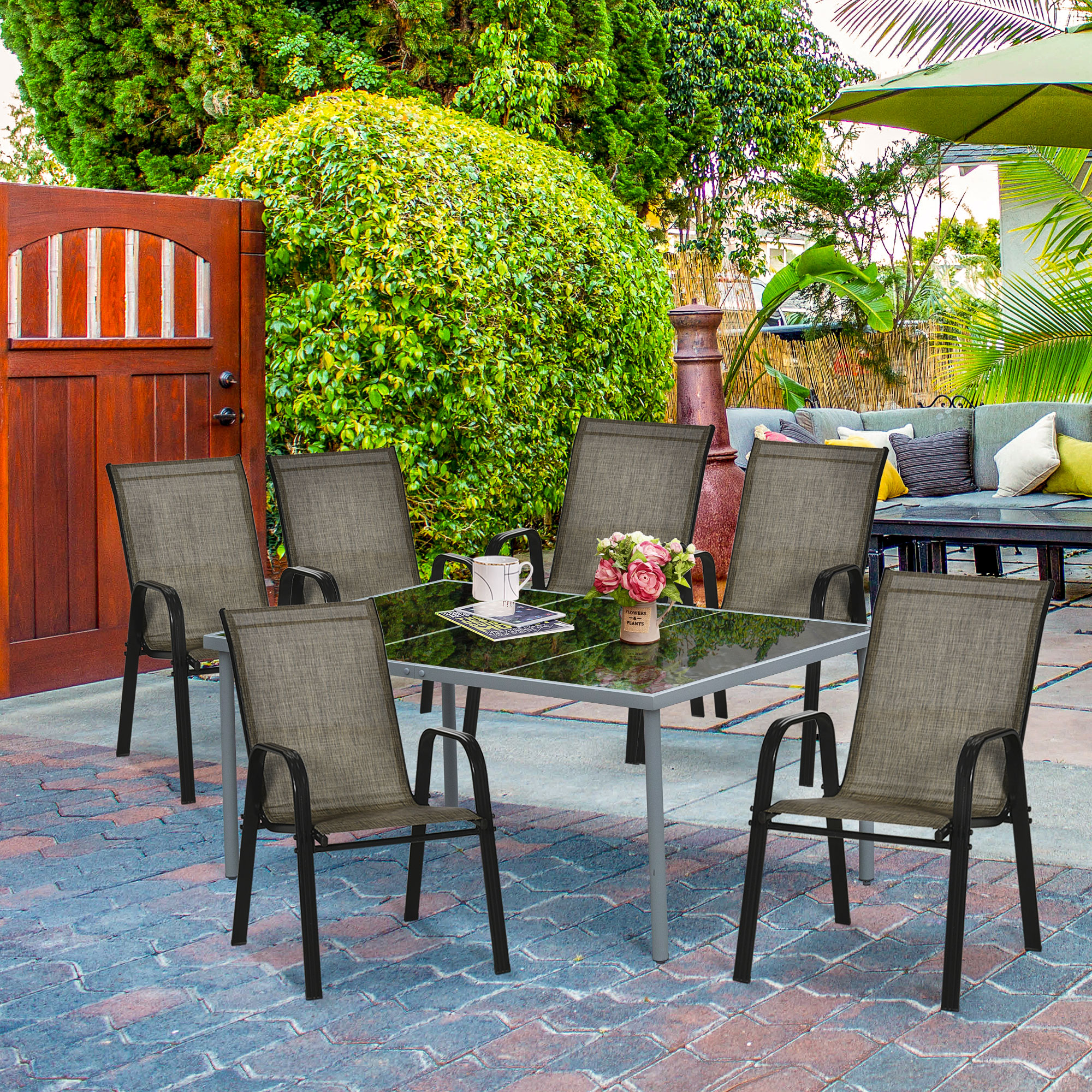 Outsunny Set 4 Sedie da Giardino Impilabili e Traspiranti Nero