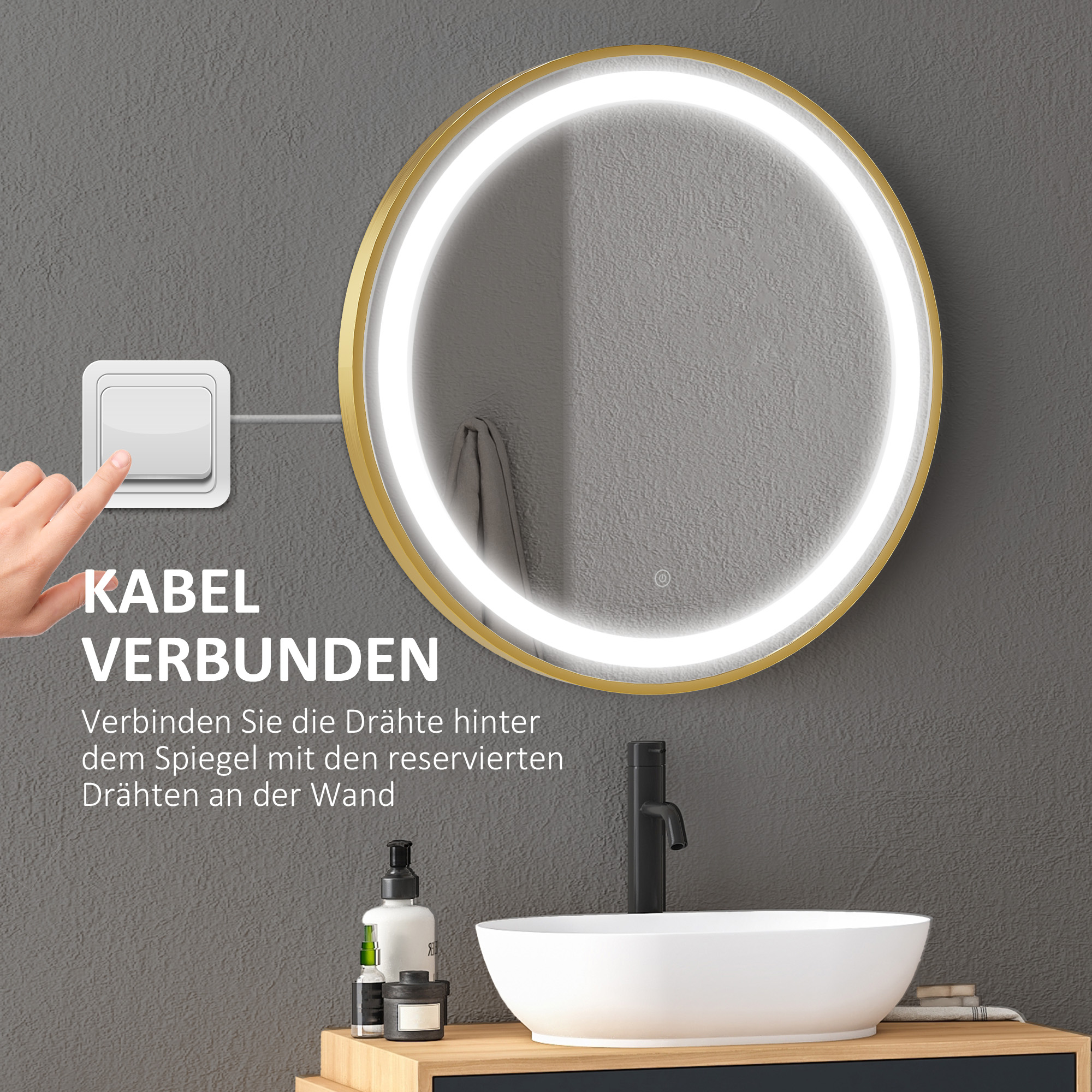 kleankin Round LED Bathroom Mirror, Dimmable Lighted Wall Mount  