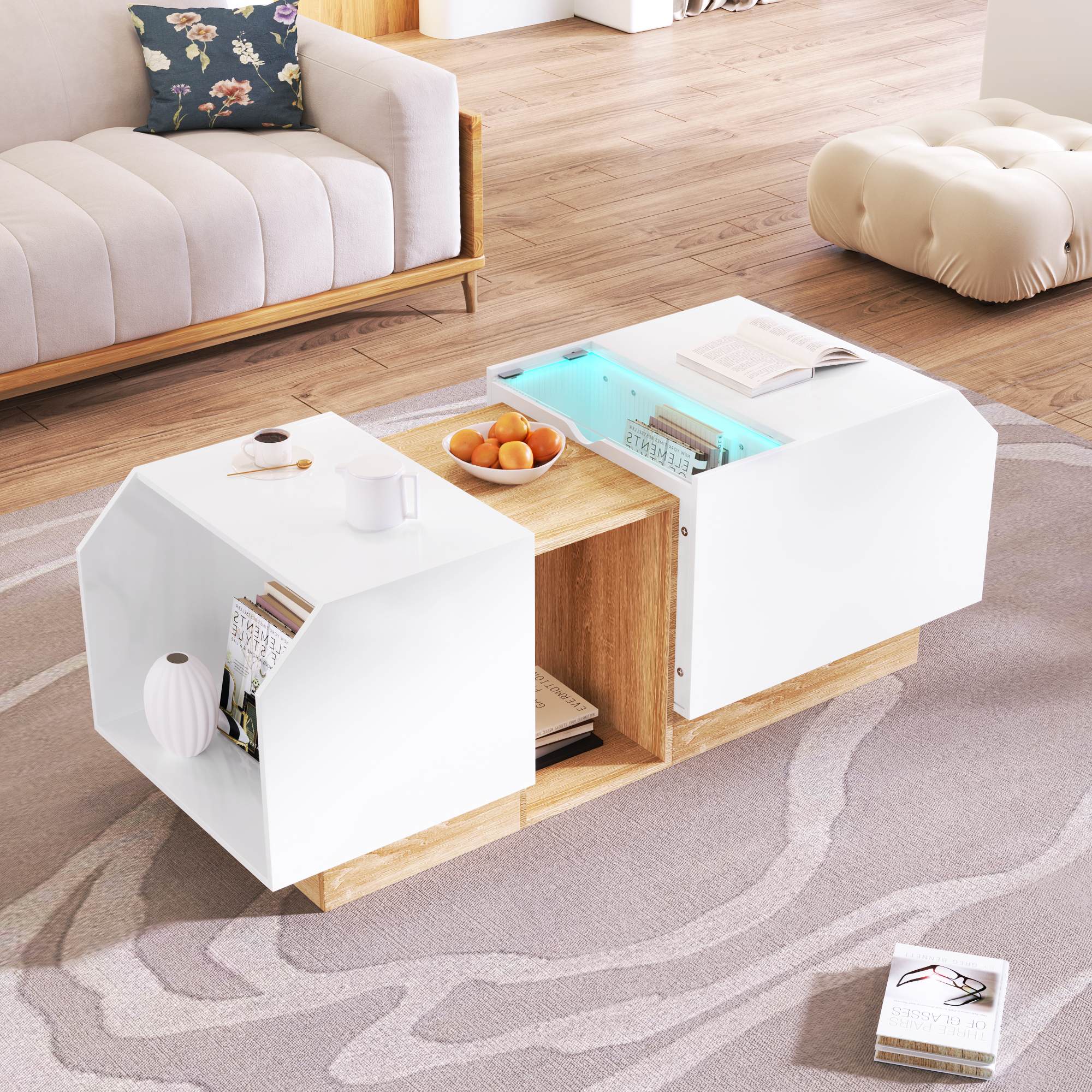 Tavolino da Salotto Moderno con LED, Funzionalità Multifunzionale, Controllo App e Spazi di Stoccaggio, 115x58,2x40 cm, Bianco