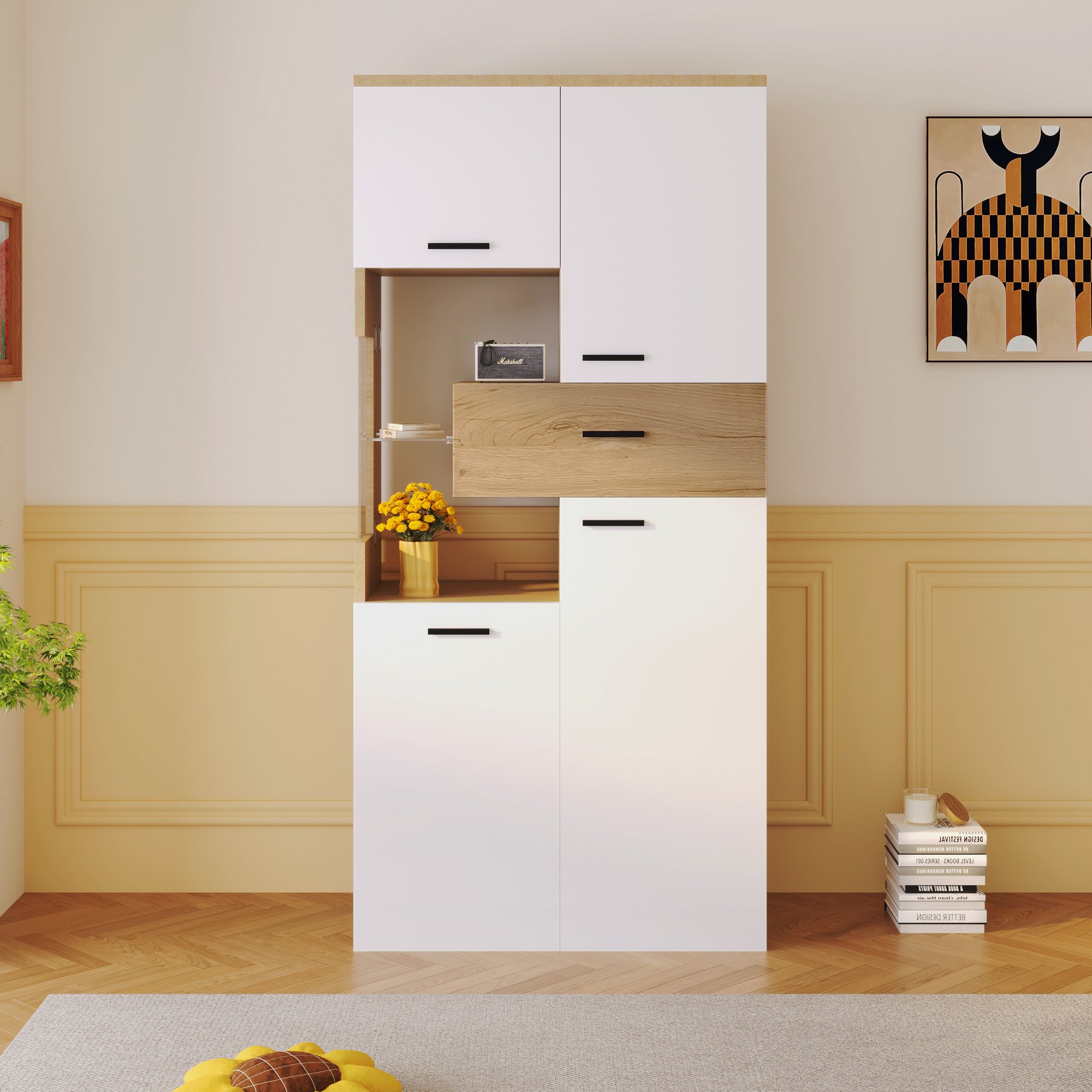 Credenza Moderna Alta Luminosità con Illuminazione LED, Porta in Vetro e Ripiani Multifunzione, 150x78x40 cm, Bianco