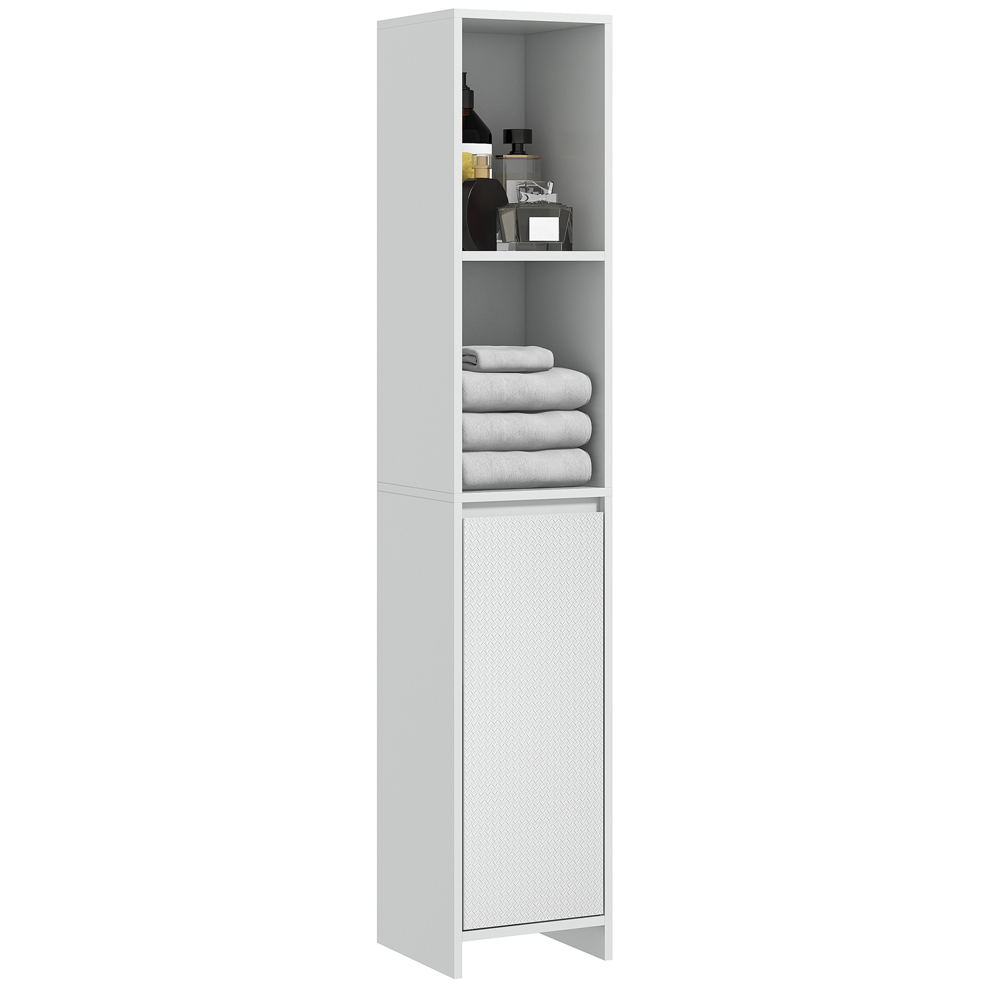 HOMCOM Columna Auxiliar de Baño Armario de Baño con Puerta 2 Estantes Abiertos Antivuelco Estilo Moderno 30x30x160 cm Blanco