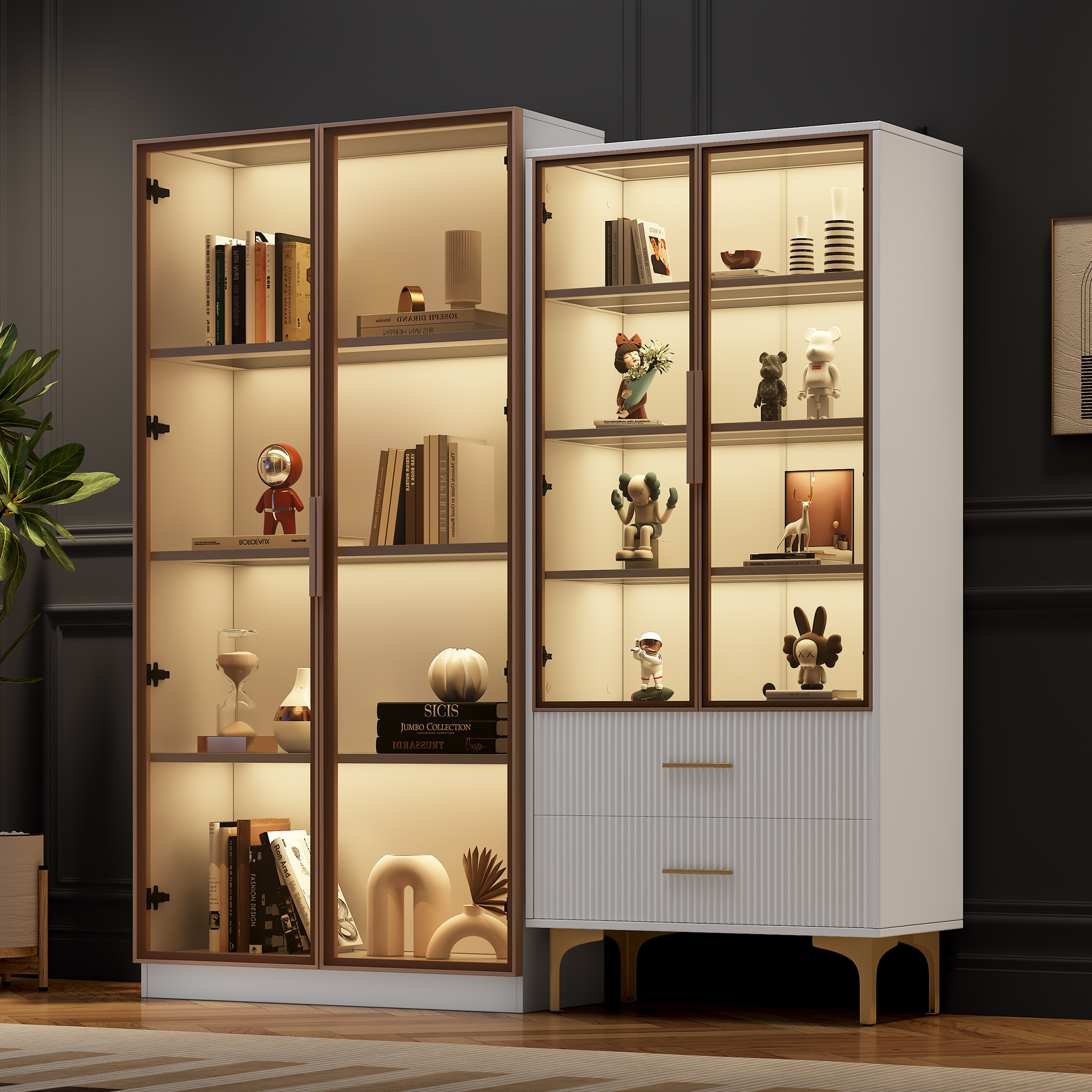 Vitrine en verre Meubles vitrine salon moderne avec éclairage LED et étagères réglables, verre, 80x40x160 cm + 70x35x150 cm, Blanc Aosom France