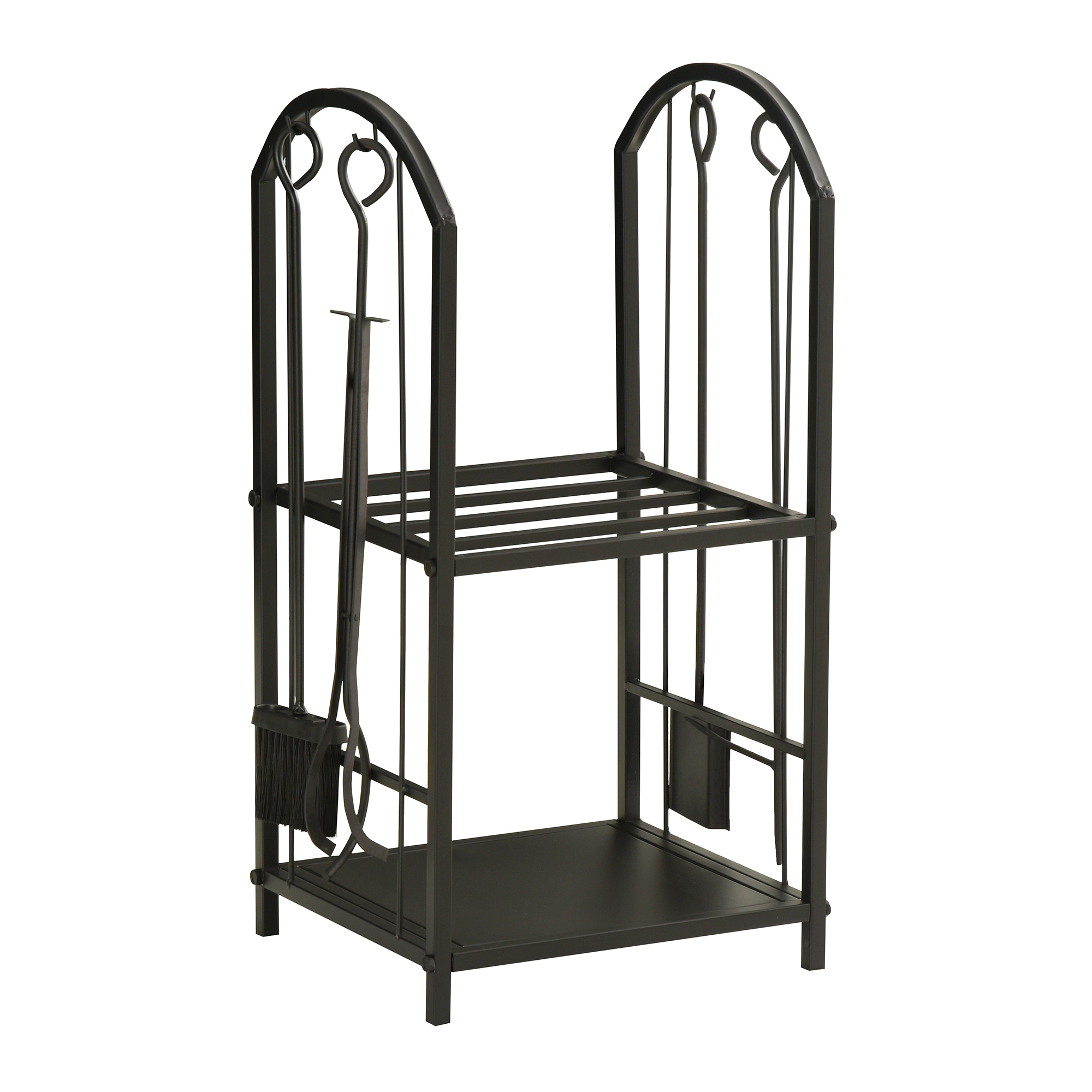 Outsunny Portalegna a 2 Ripiani in Metallo con Paletta, Scopa, Attizzatoio e Pinza, 41.5x32.5x74.5 cm, Nero