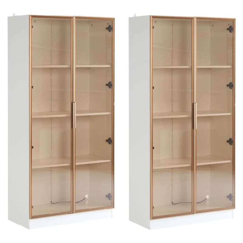 Glasvitrine, Set 2 16-farbige LED Beleuchtung doppeltürig, 160x40x160cm, verstellbare Einlegeböden, Doppelt aufklappbare Türen, Weiß Aosom.de
