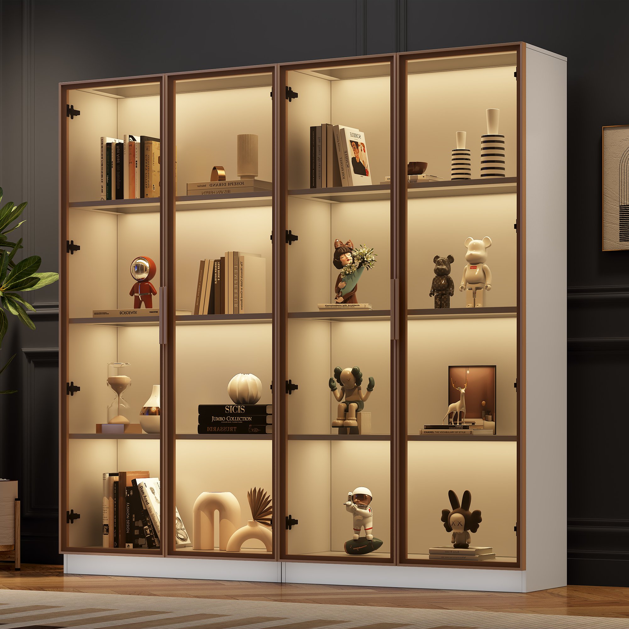 Vitrine En Verre Avec éclairage LED - Dimensions 70x40x160 Cm - Porte En Verre Trempé, Cadre Aluminium, Finition Chêne - Pour Salon, Bureau, Collection
