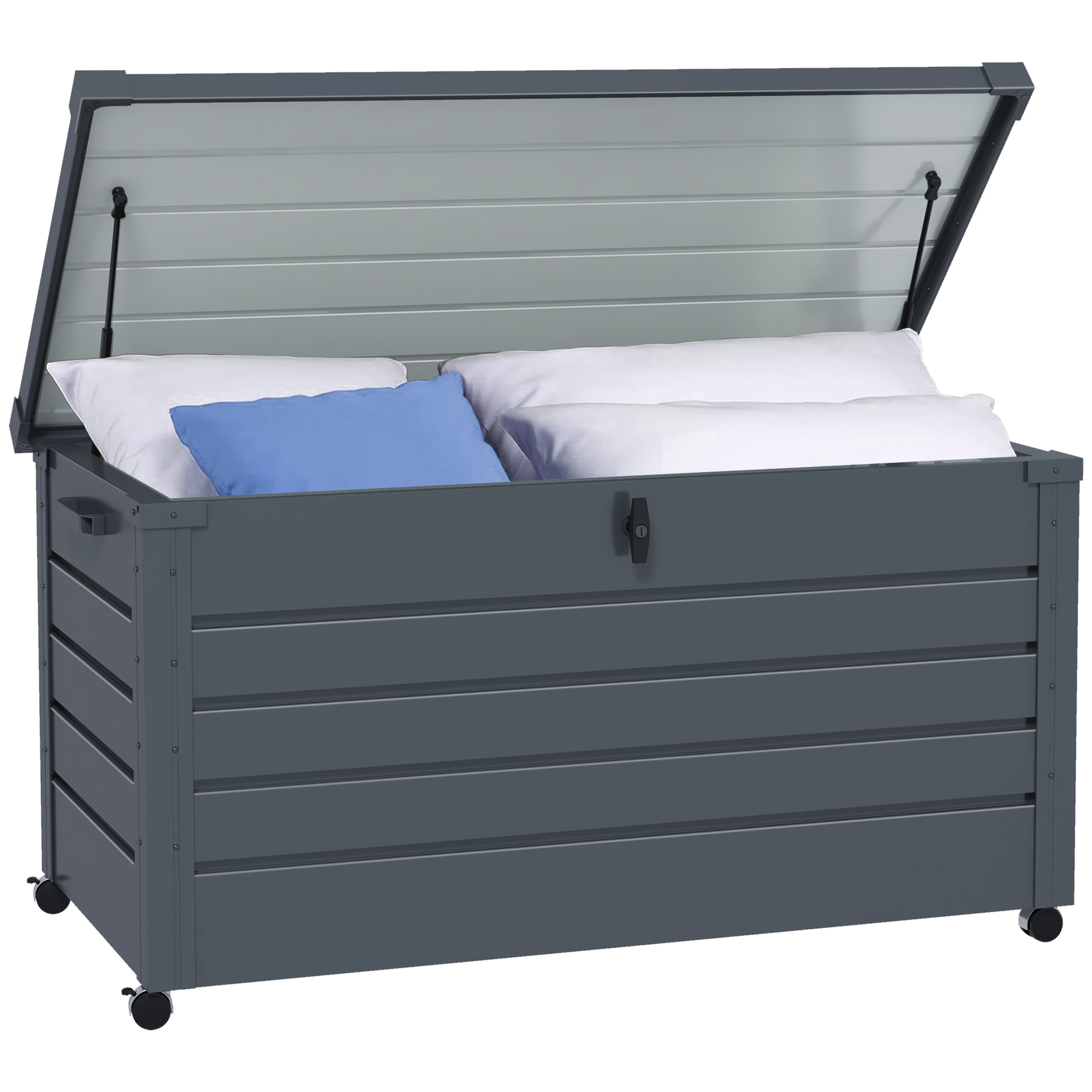 Outsunny 331 Litre Garden Storage Box Waterproof Outdoor Storage Box with Wheels and Handles Lockable Galvanised Steel Outside Deck Box Organiser for Tools Cushions Dark Grey Aosom UK