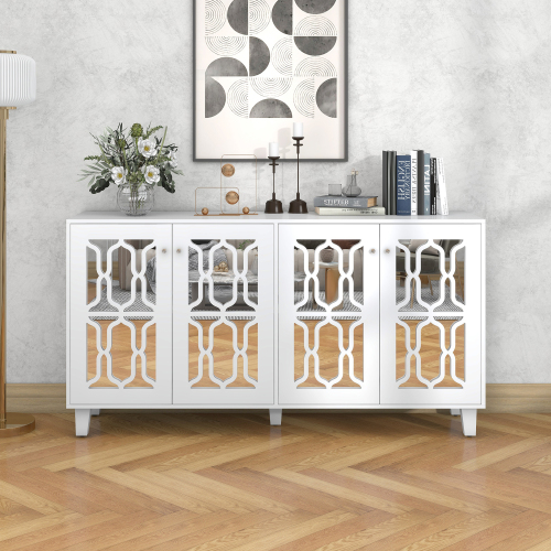 Sideboards, Anrichte mit Kristallgriff, Bewegliches Laminat, Spiegeloberfläche 4 Türen, Einfache Montage, Robust, 160 x 40 x 84 cm, Weiß Aosom.de