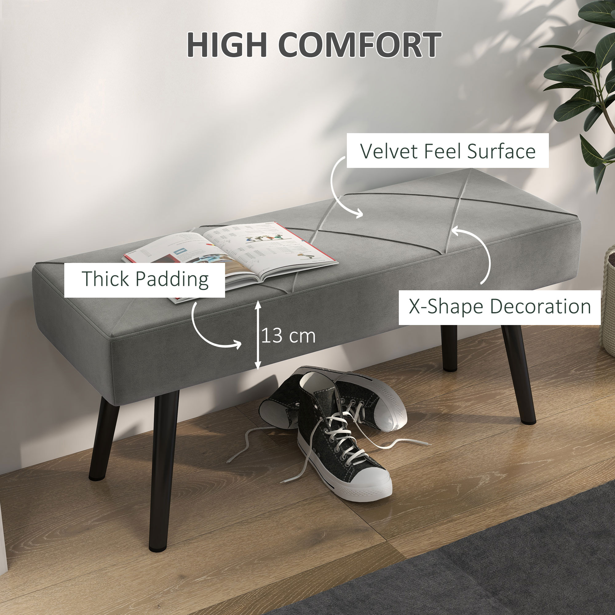 HOMCOM End of Bed Bench with X-Shape Design and Steel Legs, Upholstered Hallway Bench for Bedroom, Grey 4