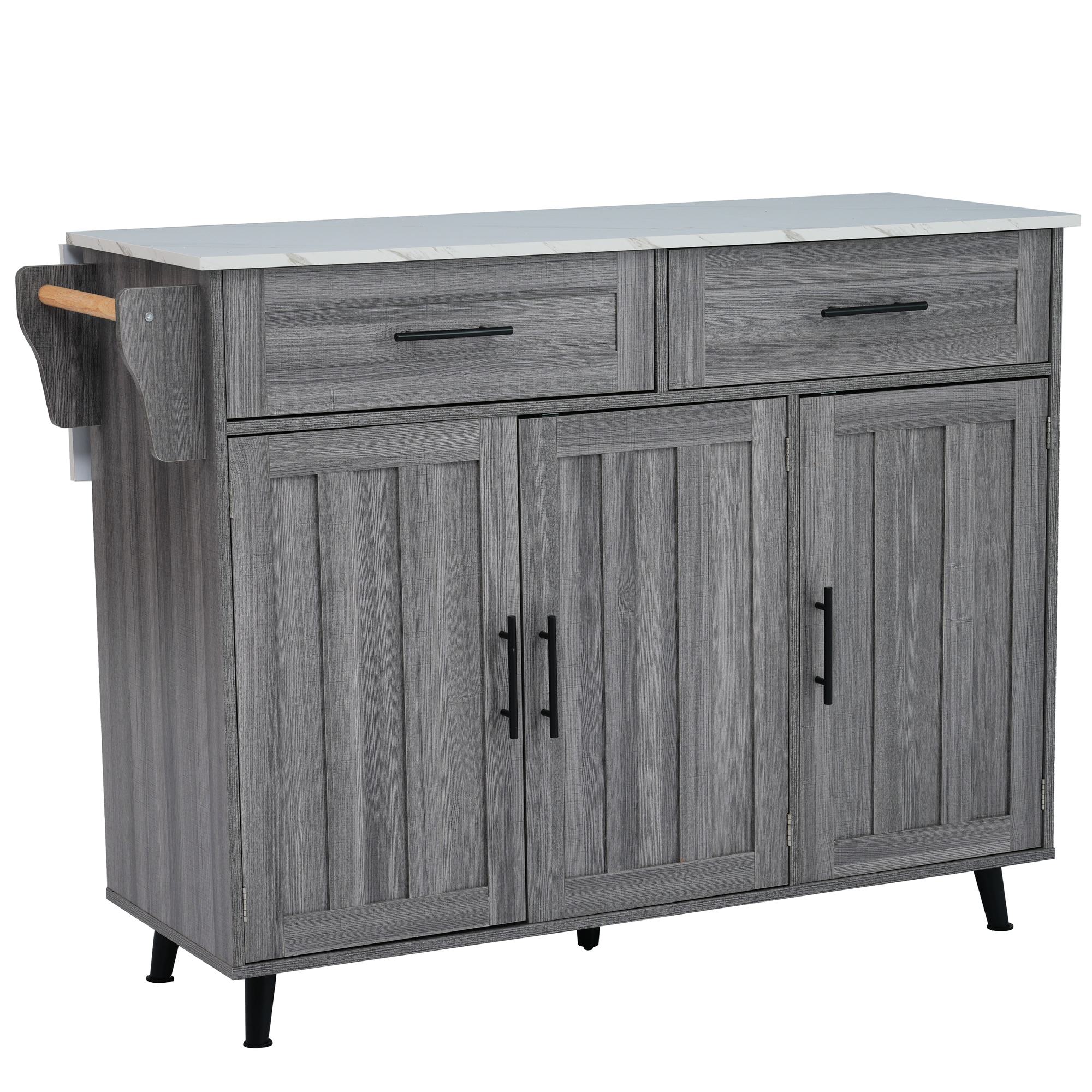 Carrito de cocina multifuncional con mesa abatible, estantes interiores y 5 ruedas, 2 cajones y mueble que ahorra espacio, Gris+Blanco