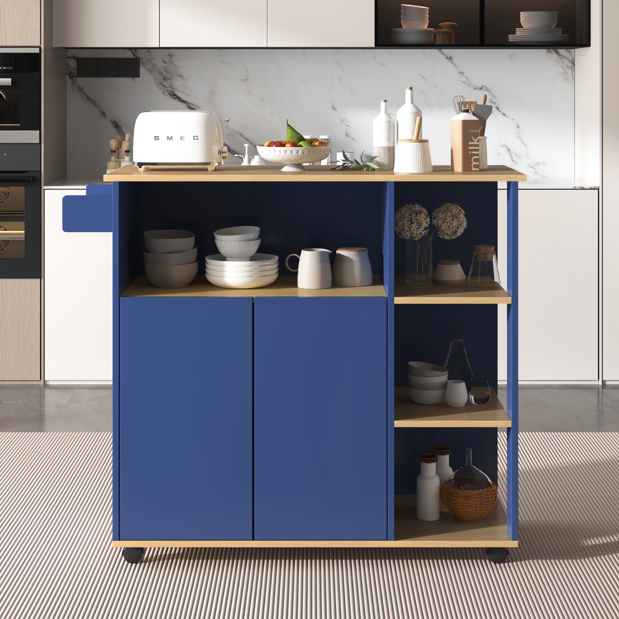 Carrello da Cucina Minimalista Moderno con Ripiani Aperti e Ruote Girevoli a 360°, Blu Navy