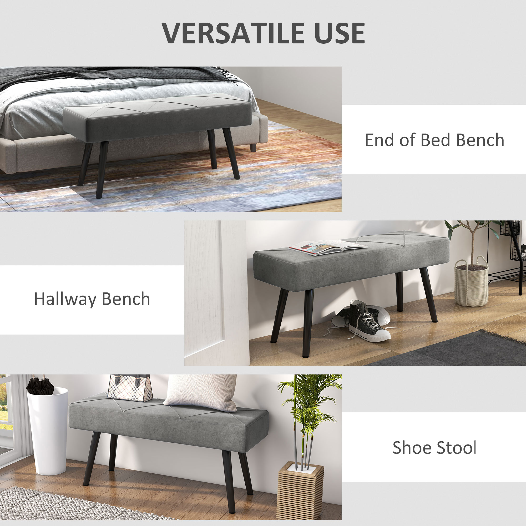 HOMCOM End of Bed Bench with X-Shape Design and Steel Legs, Upholstered Hallway Bench for Bedroom, Grey 6