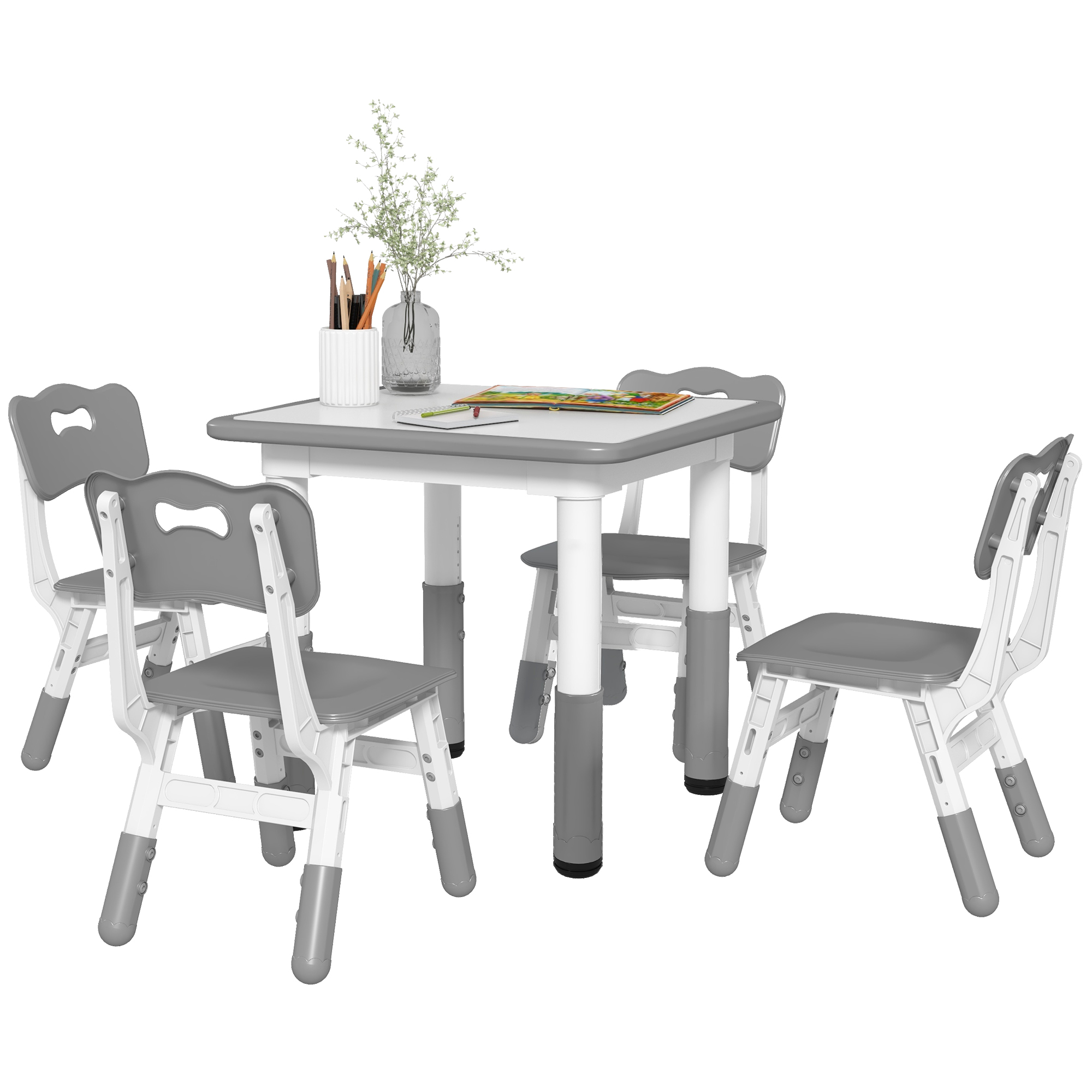 AIYAPLAY Set Tavolo e Sedie per Bambini 5pz con 4 Sedie Regolabili 32x36x52.5-56 cm e Tavolo 60x60x46-58 cm, Grigio