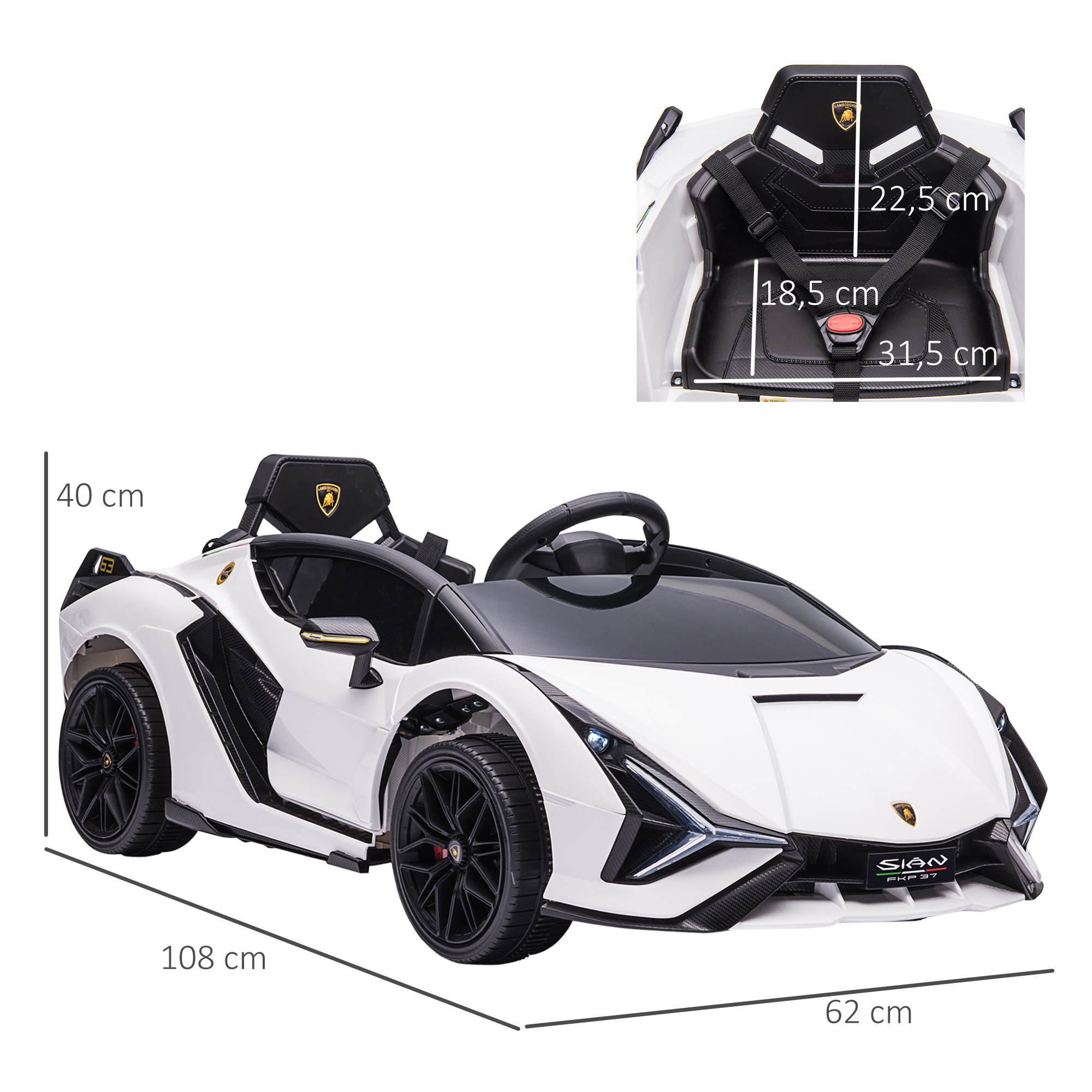 Laste sõiduauto 12V 2 sõidurežiimi Lamborghini SIAN maastur mänguauto elektriauto puldiga muusika (MP3/USB) tuled 37-60 kuud metall valge 108 x 62 x 40 cm