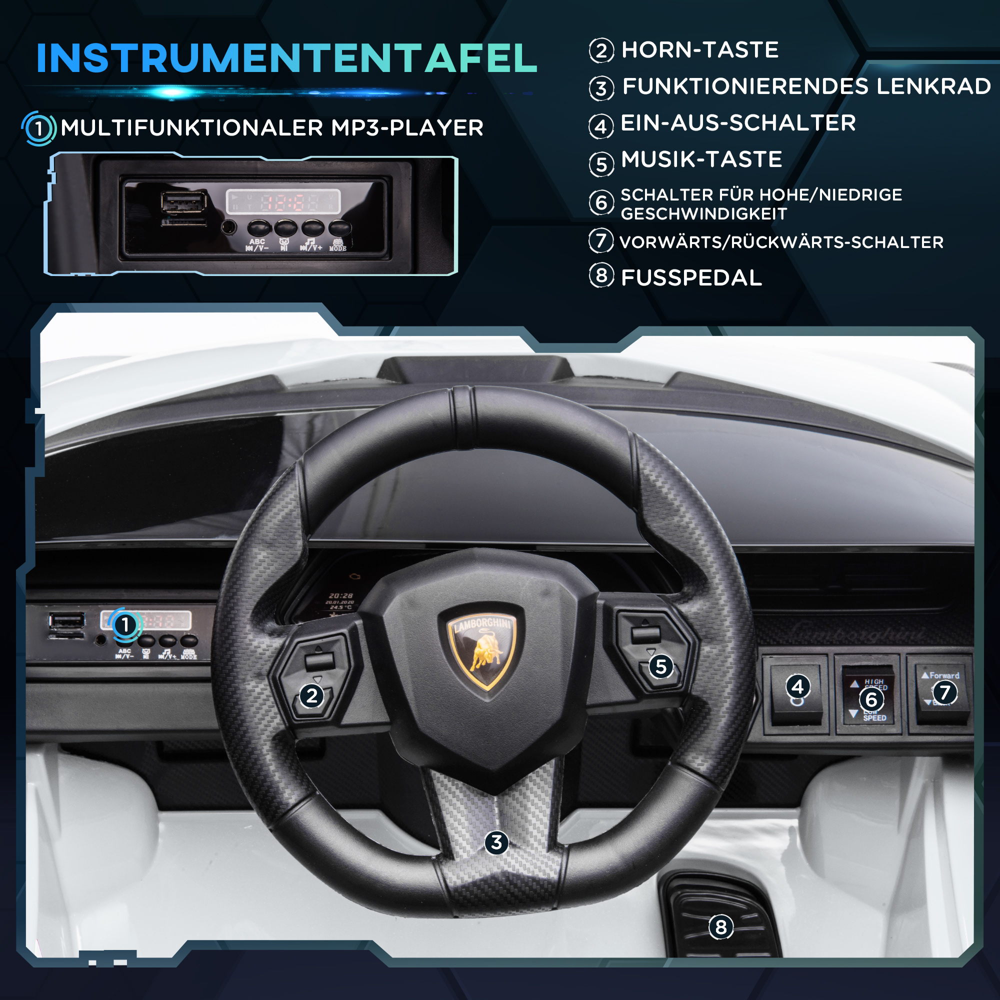 Laste sõiduauto 12V 2 sõidurežiimi Lamborghini SIAN maastur mänguauto elektriauto puldiga muusika (MP3/USB) tuled 37-60 kuud metall valge 108 x 62 x 40 cm