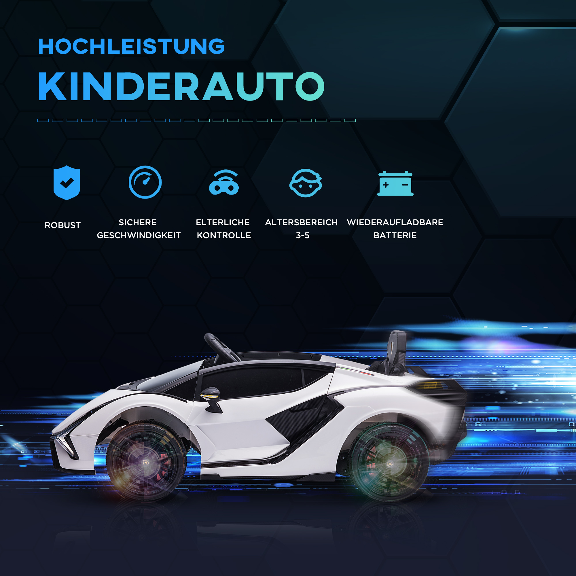 Laste sõiduauto 12V 2 sõidurežiimi Lamborghini SIAN maastur mänguauto elektriauto puldiga muusika (MP3/USB) tuled 37-60 kuud metall valge 108 x 62 x 40 cm