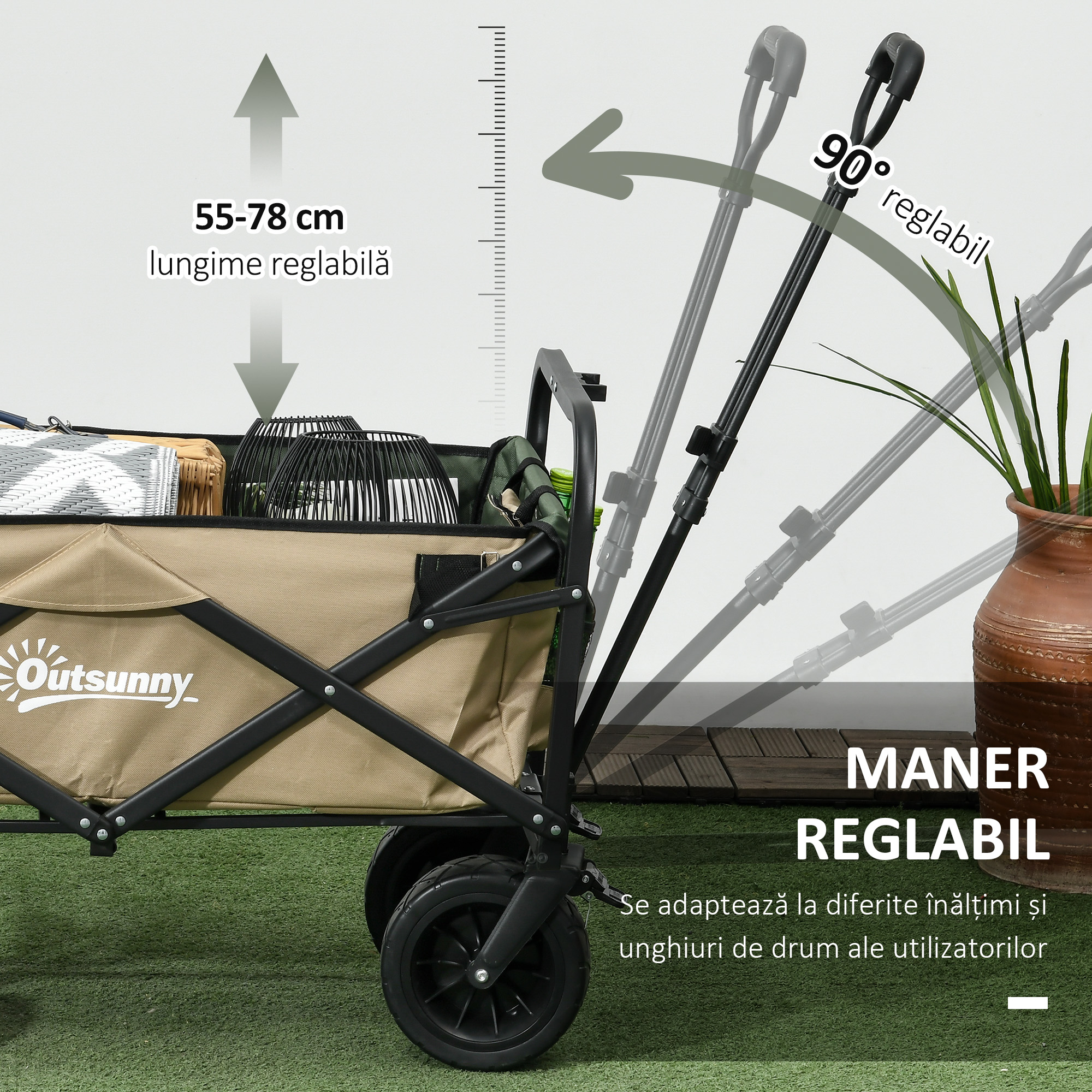  Carucior de gradina 110L cu maner telescopic si baza rabatabila din otel si material textil Oxford, culoare kaki [4]