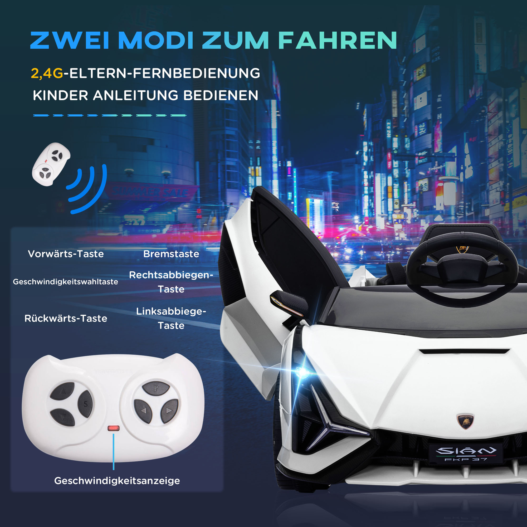 Laste sõiduauto 12V 2 sõidurežiimi Lamborghini SIAN maastur mänguauto elektriauto puldiga muusika (MP3/USB) tuled 37-60 kuud metall valge 108 x 62 x 40 cm