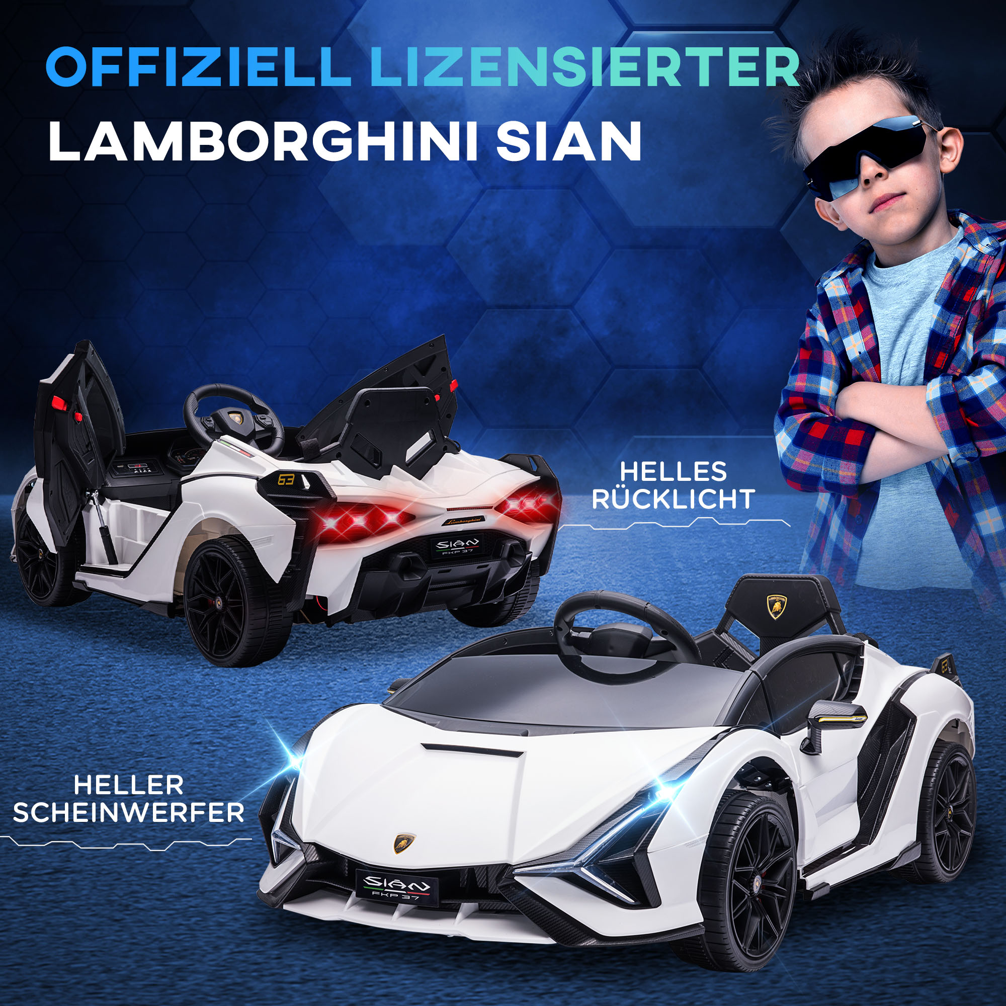 Laste sõiduauto 12V 2 sõidurežiimi Lamborghini SIAN maastur mänguauto elektriauto puldiga muusika (MP3/USB) tuled 37-60 kuud metall valge 108 x 62 x 40 cm