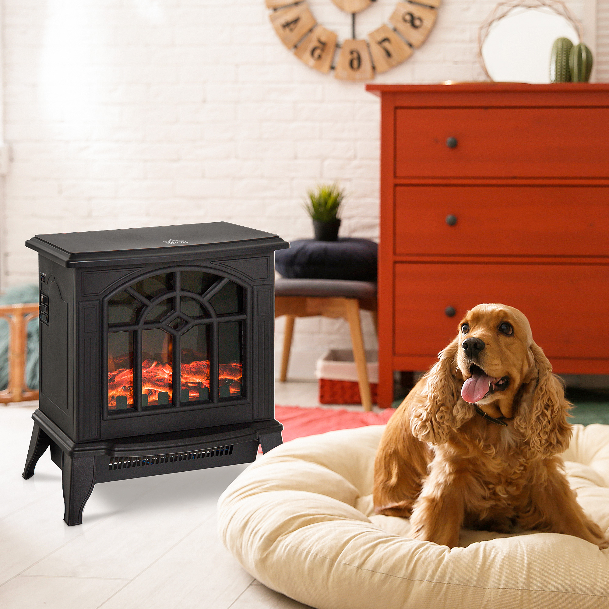 HOMCOM 1000W/2000W Freestanding Electrical Fireplace Indoor Heater Stove Log Wood LED Burning Effect Flame with Thermostat Control Black 9