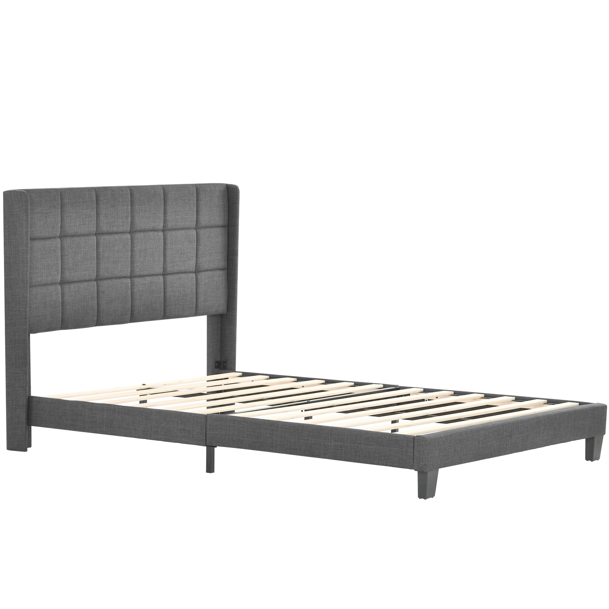 Cama doble con cabecero acolchado y somier de lamas, de lino, con colchón de muelles, 140x200 cm, Gris