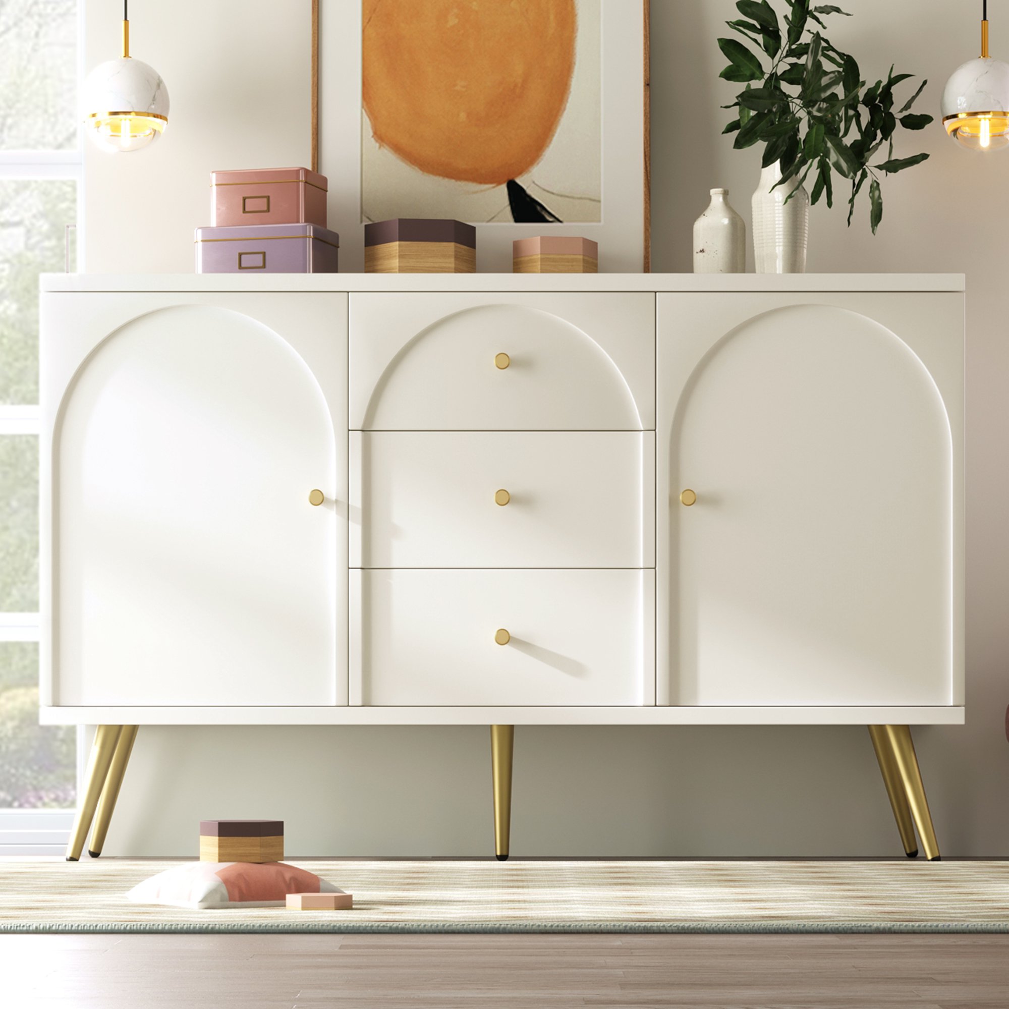 Anrichte 140x84x40 Cremeweiß 3 Schubladen 2 Türen Anrichte mit höhenverstellbarem Regal Kommode Schlafzimmermöbel Aosom.de