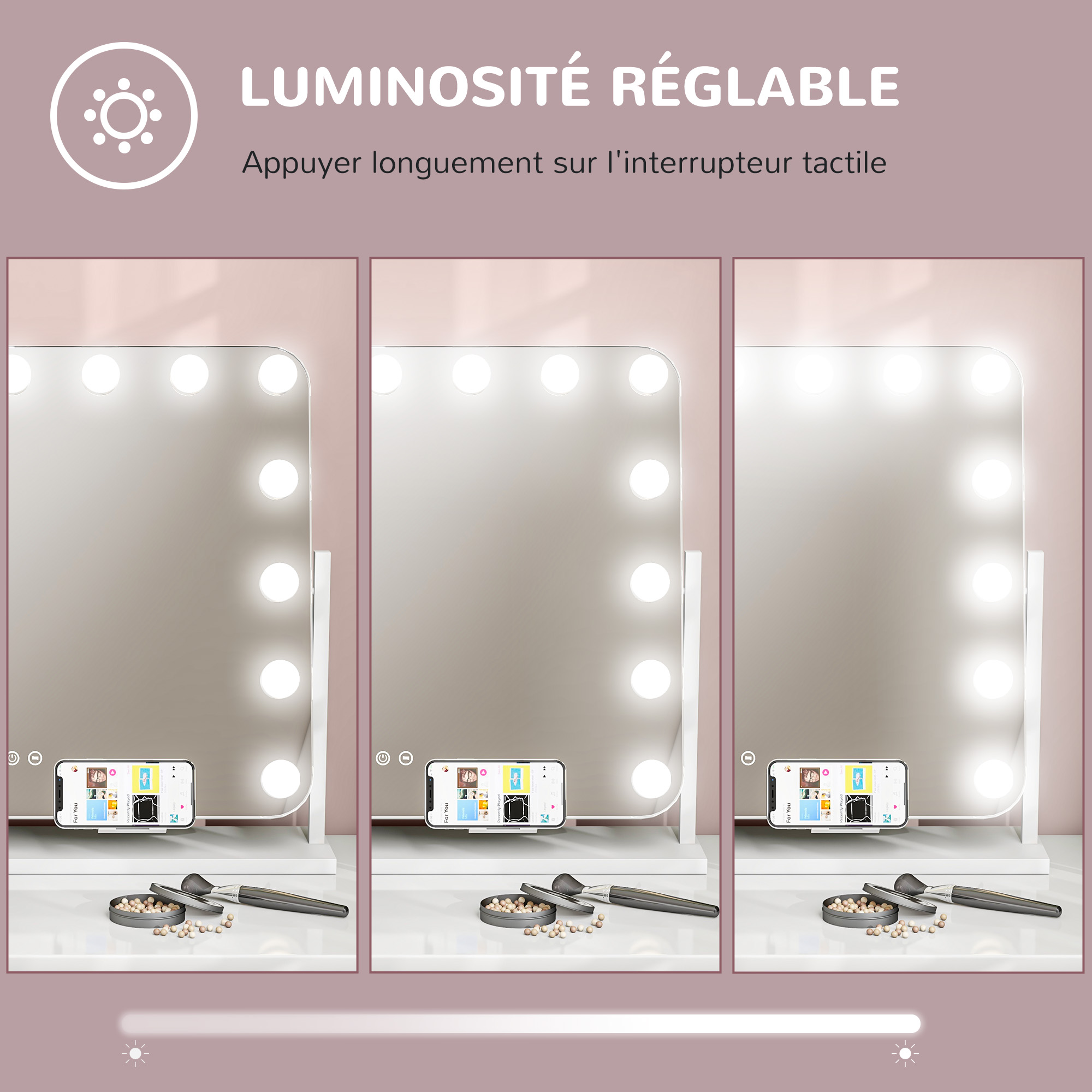Miroir De Maquillage Lumineux Infitrans 3 Plis - Grossissement 1X/2X/3X - 21 LED Tactiles - Rechargeable USB/piles - Doré