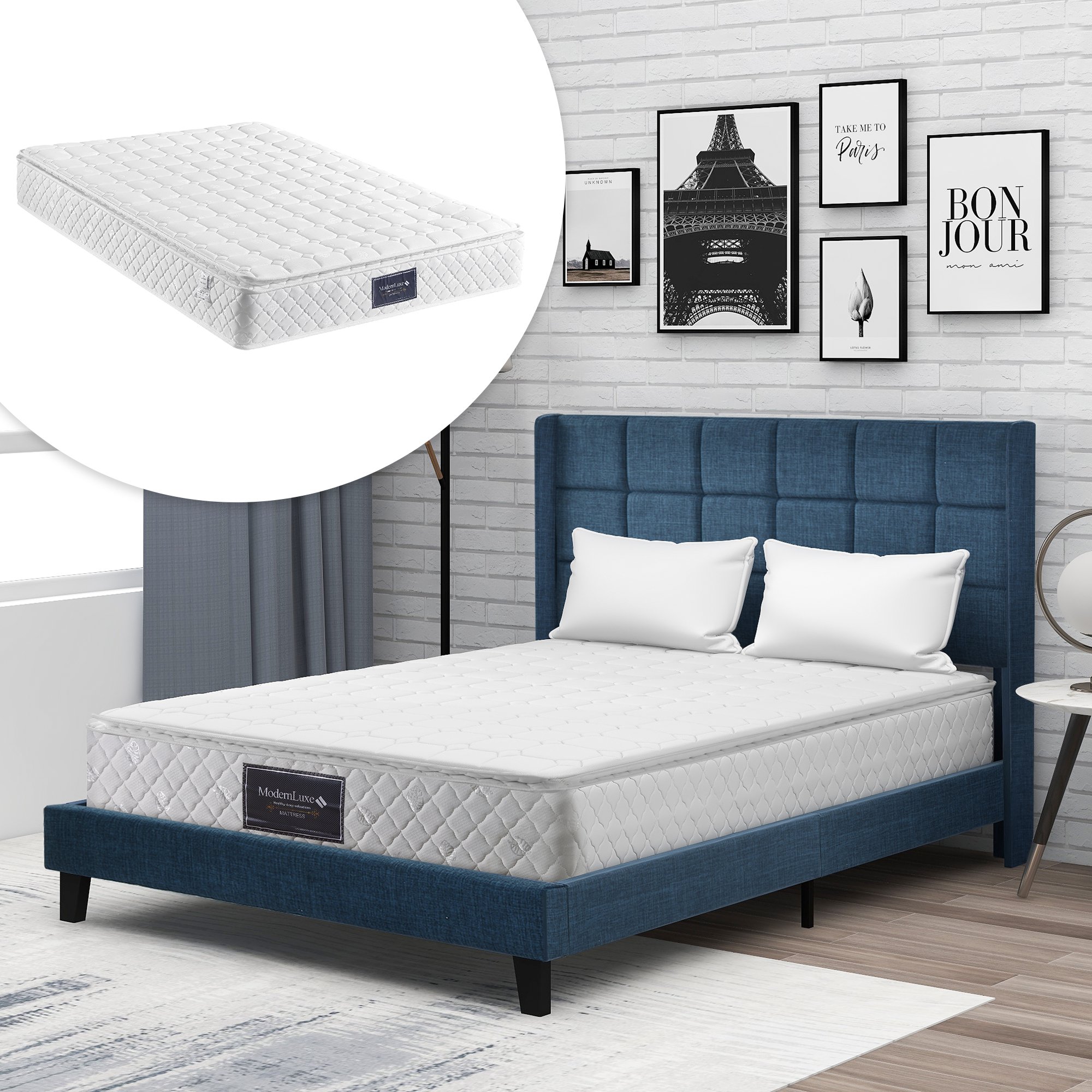 Letto Matrimoniale Scandinavo BALTA – Tessuto Blu Anatra, Misura 160x200 Cm, Design Accogliente