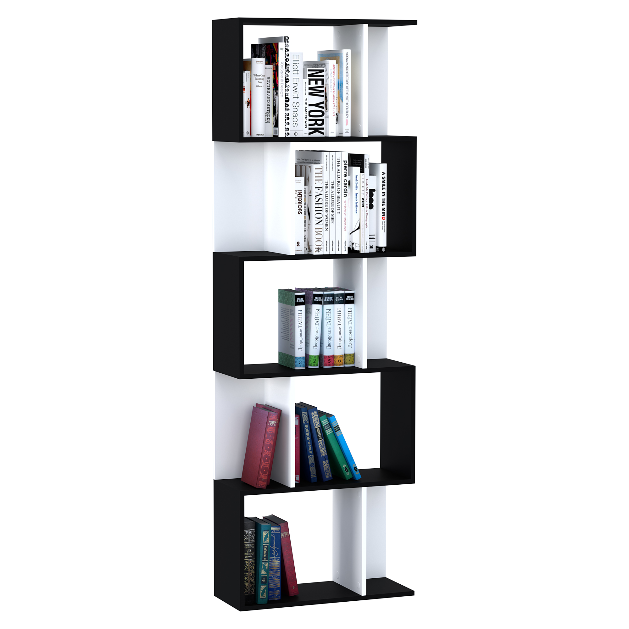 HOMCOM Estantería en Forma de S Alta con 5 Estantes Diseño Moderno para Salón Oficina 60x24x184,5cm Blanco y Negro