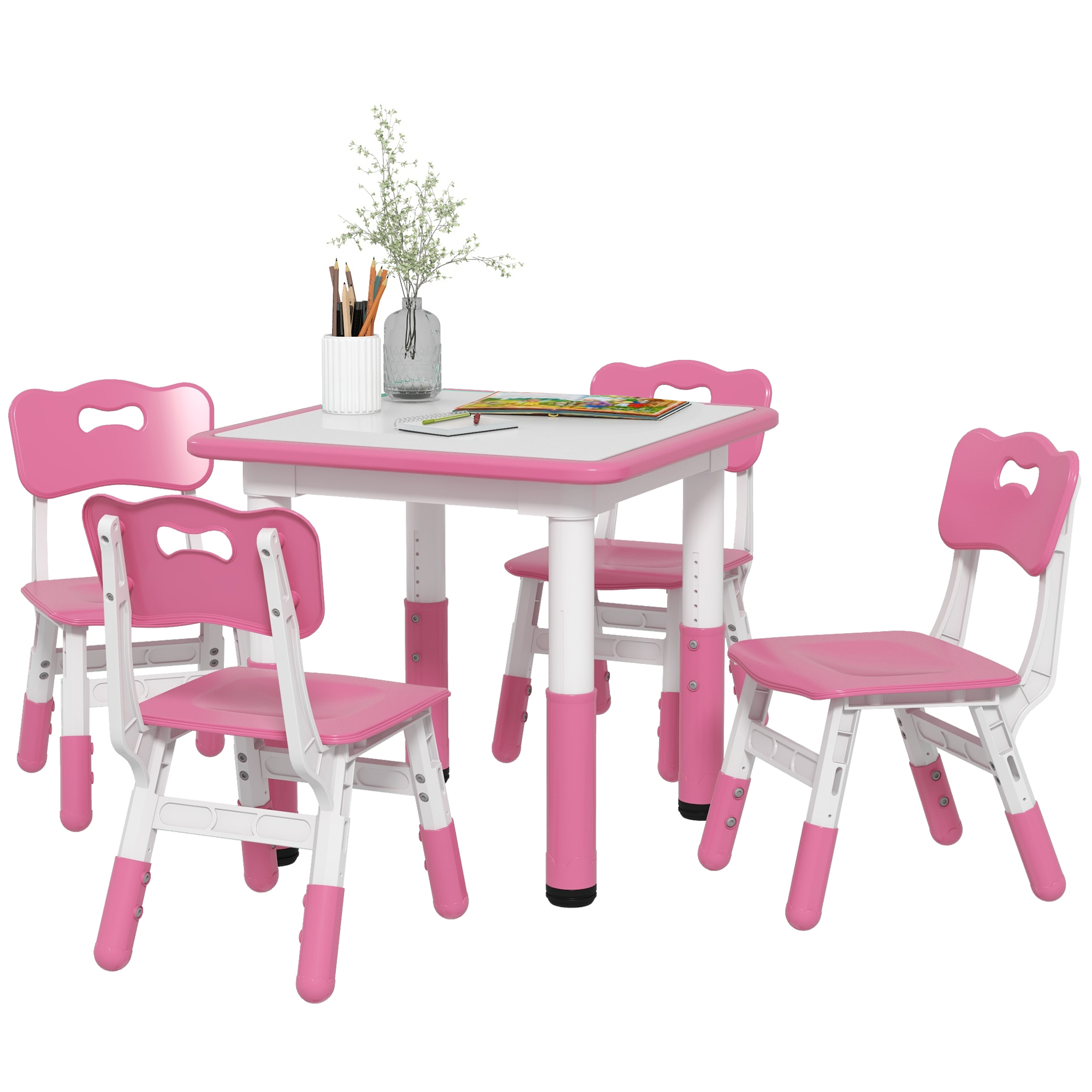 AIYAPLAY Set Tavolo e Sedie per Bambini 5pz con 4 Sedie Regolabili 32x36x52.5-56 cm e Tavolo 60x60x46-58 cm, Rosa