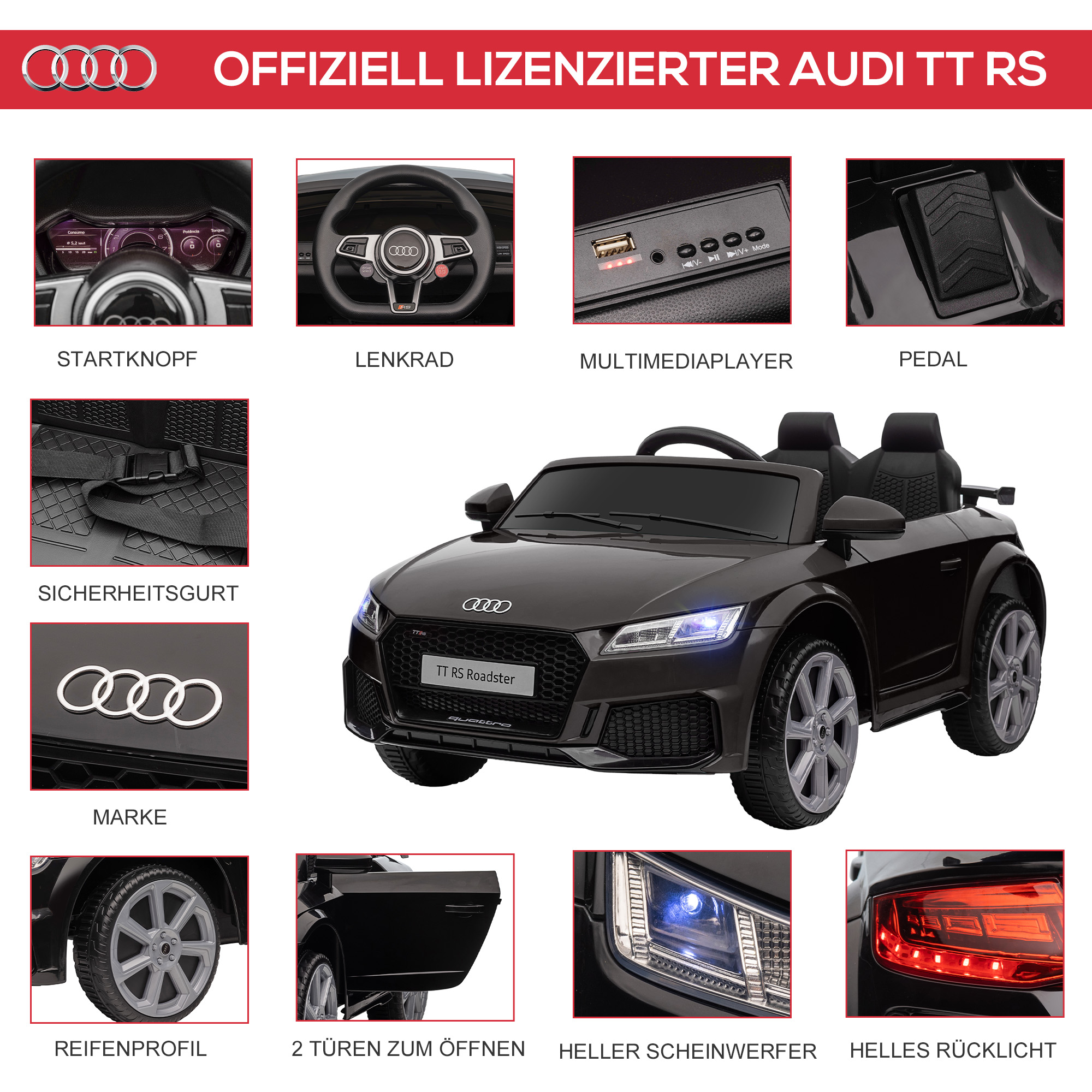 Audi laste elektriauto, 2.4G puldiga, muusikaga, signaaliga, LED-tuledega, USB-ga, lastele vanuses 3-5 aastat, must